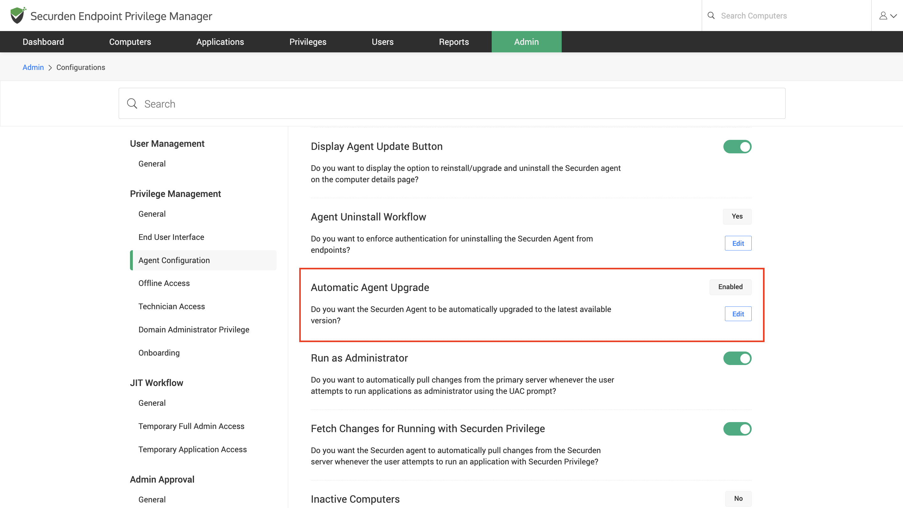 Enable Automatic Agent Upgrade Configuration