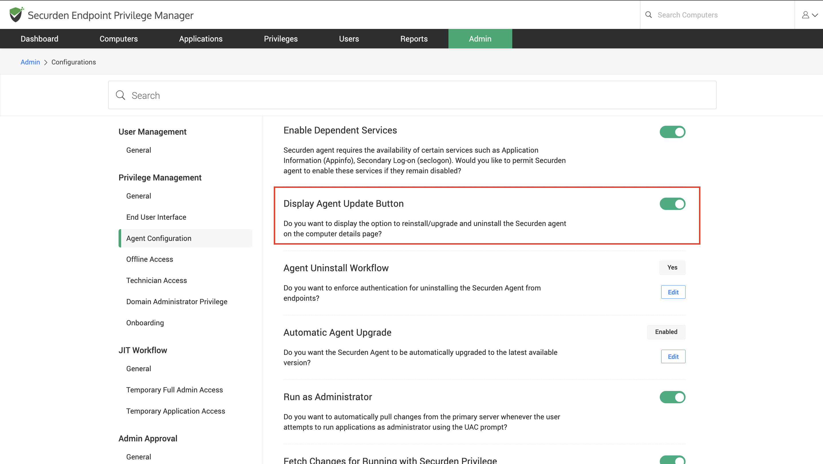 Display Agent Update Button Configuration