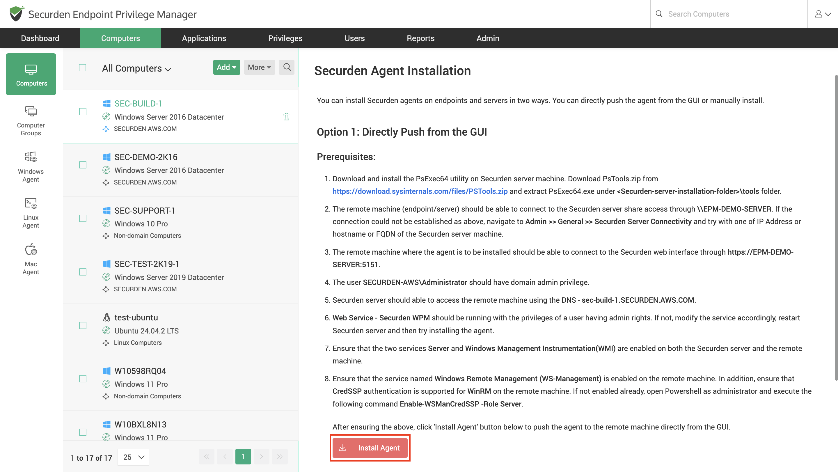 Install Securden Agent From Web Interface Remotely