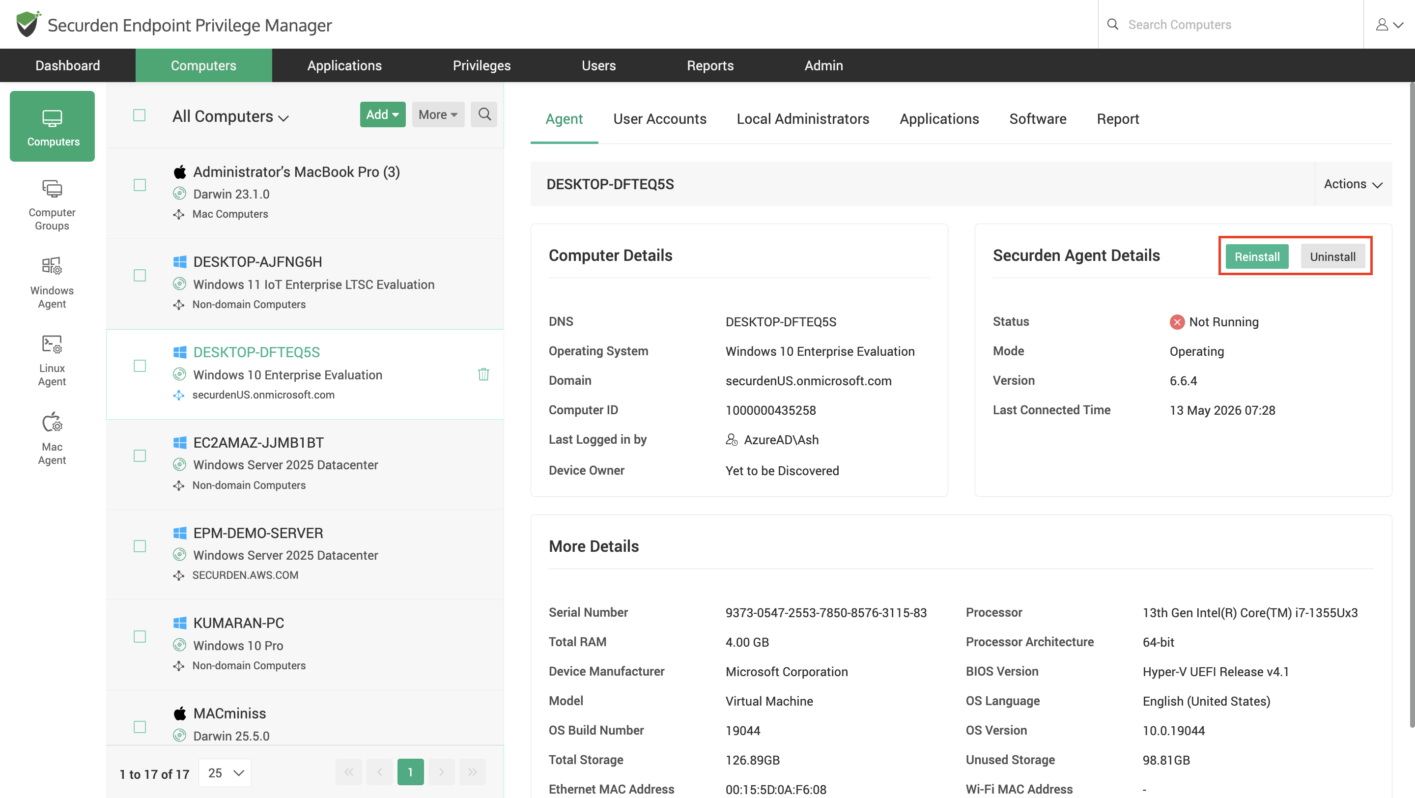 Reinstall and Uninstall The Securden Agent From the Web Interface