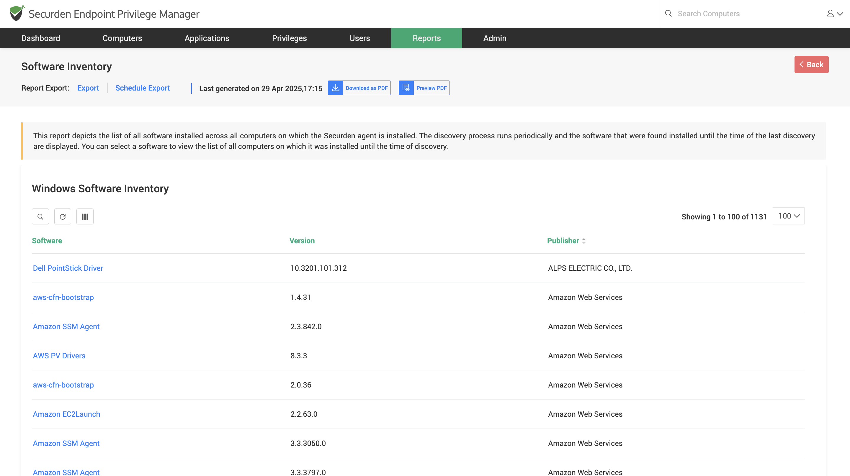 Software Inventory Report Snapshot