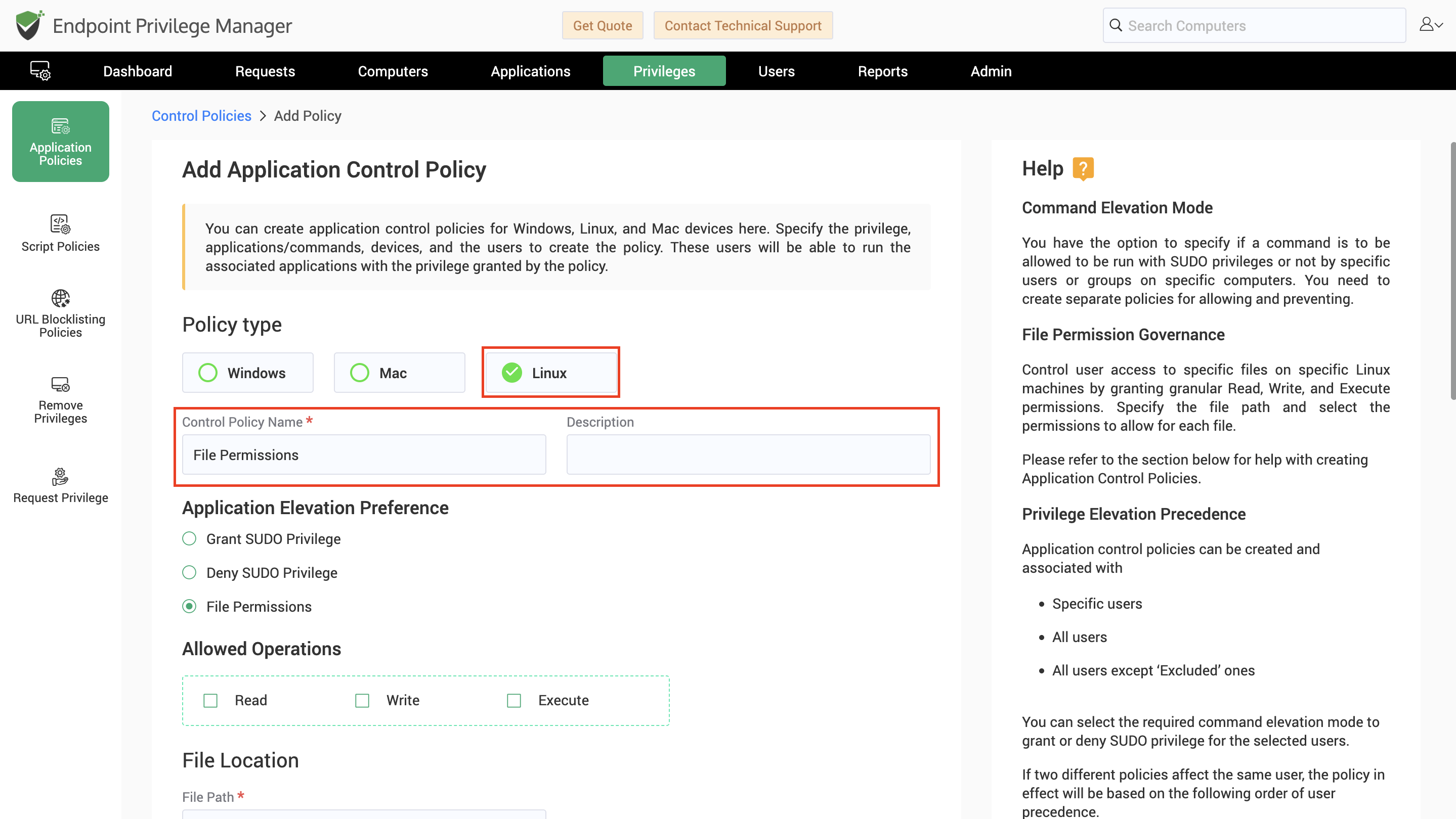 Specify Linux Policy Name Description