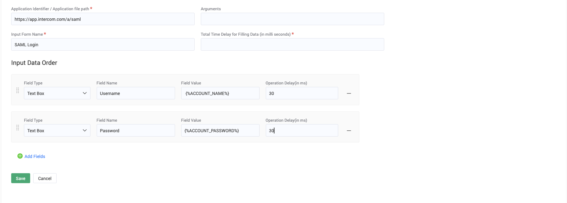 Configure dynamic placeholders and define the input data order in a Securden Launcher Profile to automatically populate usernames, passwords, and application-specific fields during application launch.