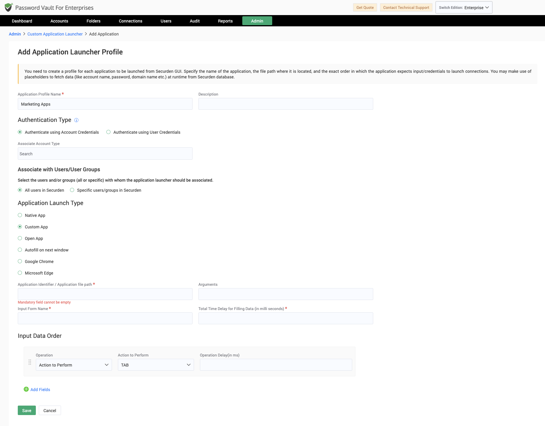 Create a Custom Application Launcher Profile in Securden Password Vault by configuring the application, authentication method, account type, launch type, and input sequence for desktop or legacy applications.
