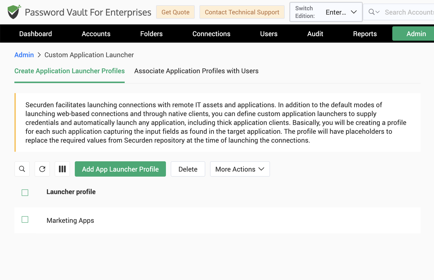Manage reusable Custom Application Launcher Profiles in Securden Password Vault to centrally configure secure application launch workflows for desktop, legacy, and proprietary applications.