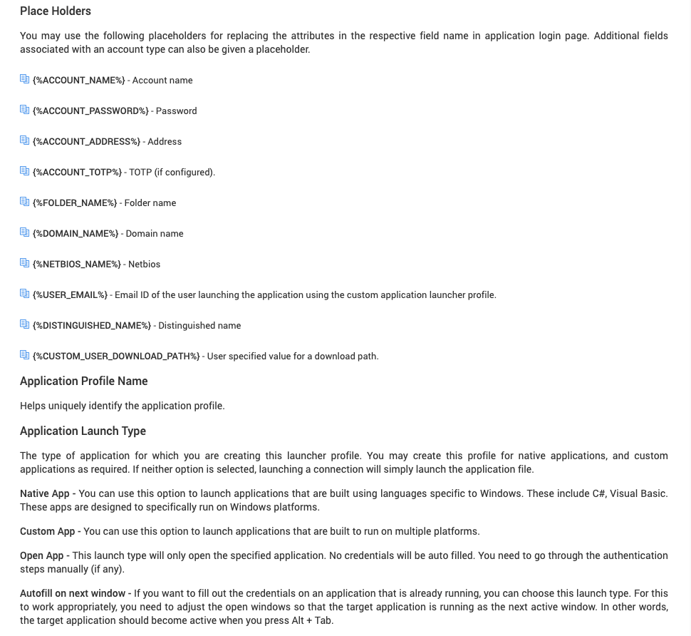 Available dynamic placeholders in Securden Password Vault that automatically replace usernames, passwords, addresses, domains, TOTP codes, and custom account fields when launching desktop applications.