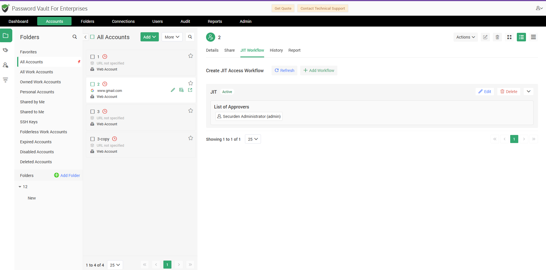 Active just-in-time (JIT) password approval workflow with designated approvers for privileged access.
