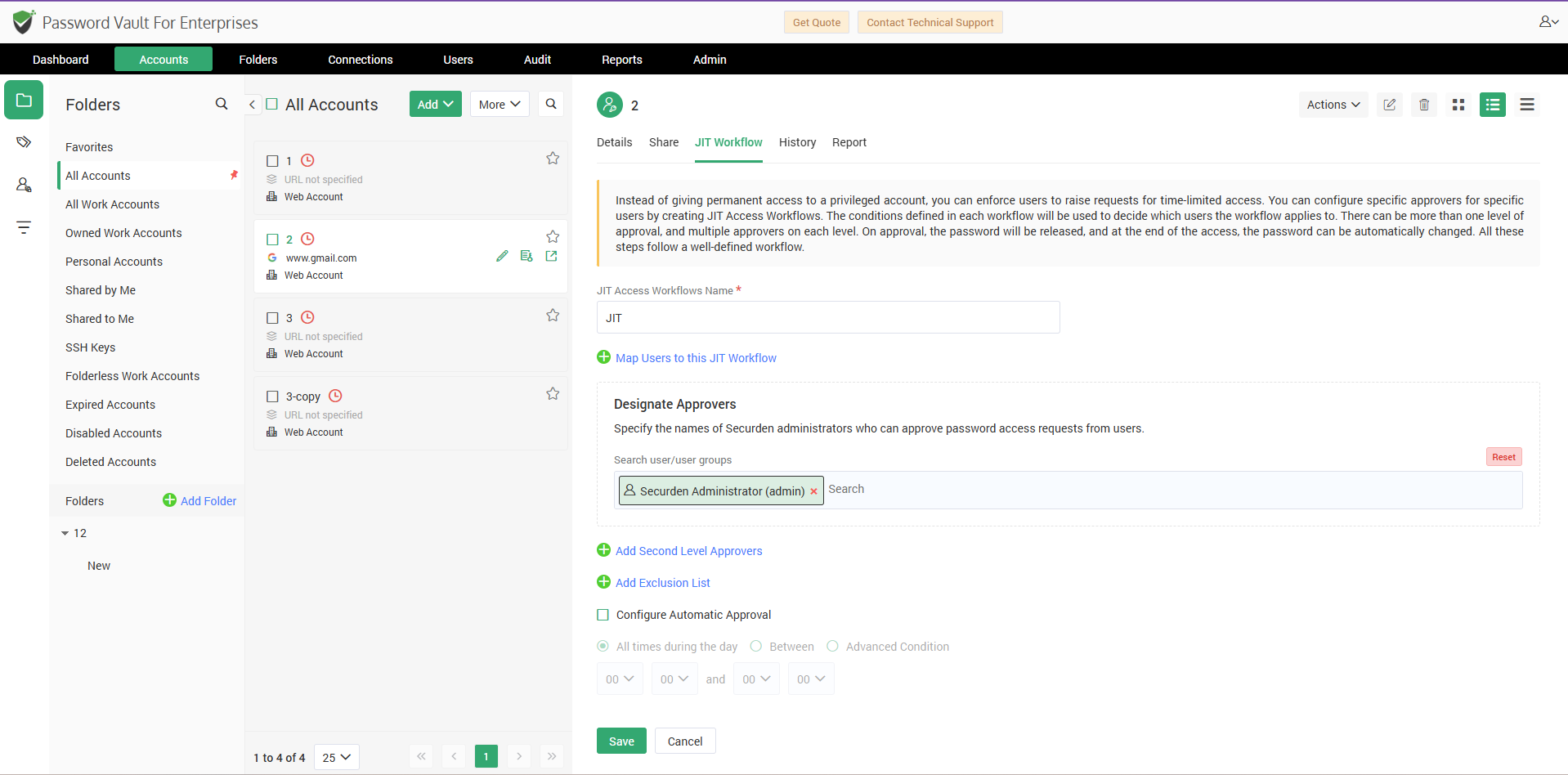 Administrator configuring a JIT password access workflow with approvers and approval rules.