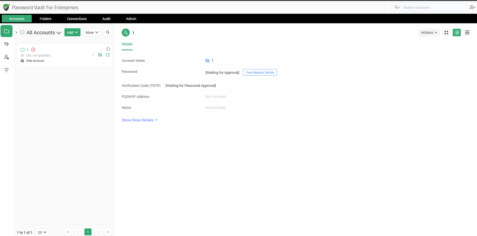 Pending just-in-time (JIT) password request awaiting administrator approval in Password Vault for Enterprises.