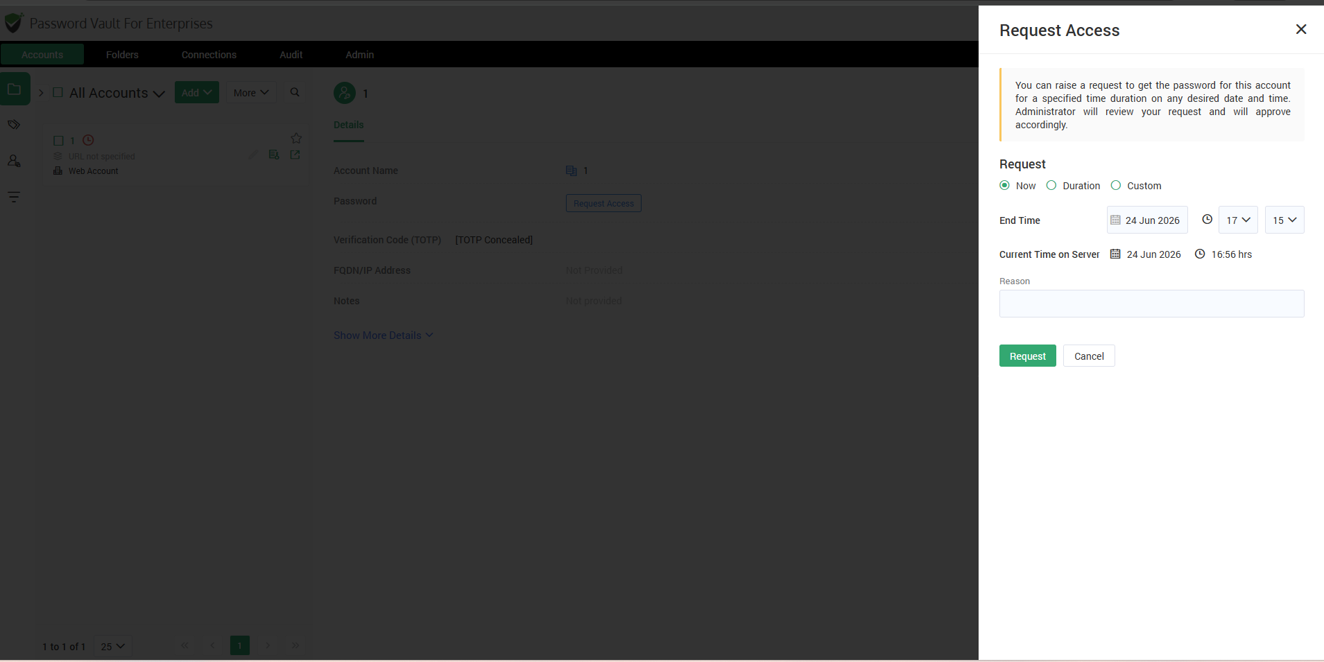 JIT password access request form with access duration, schedule, and approval request options.