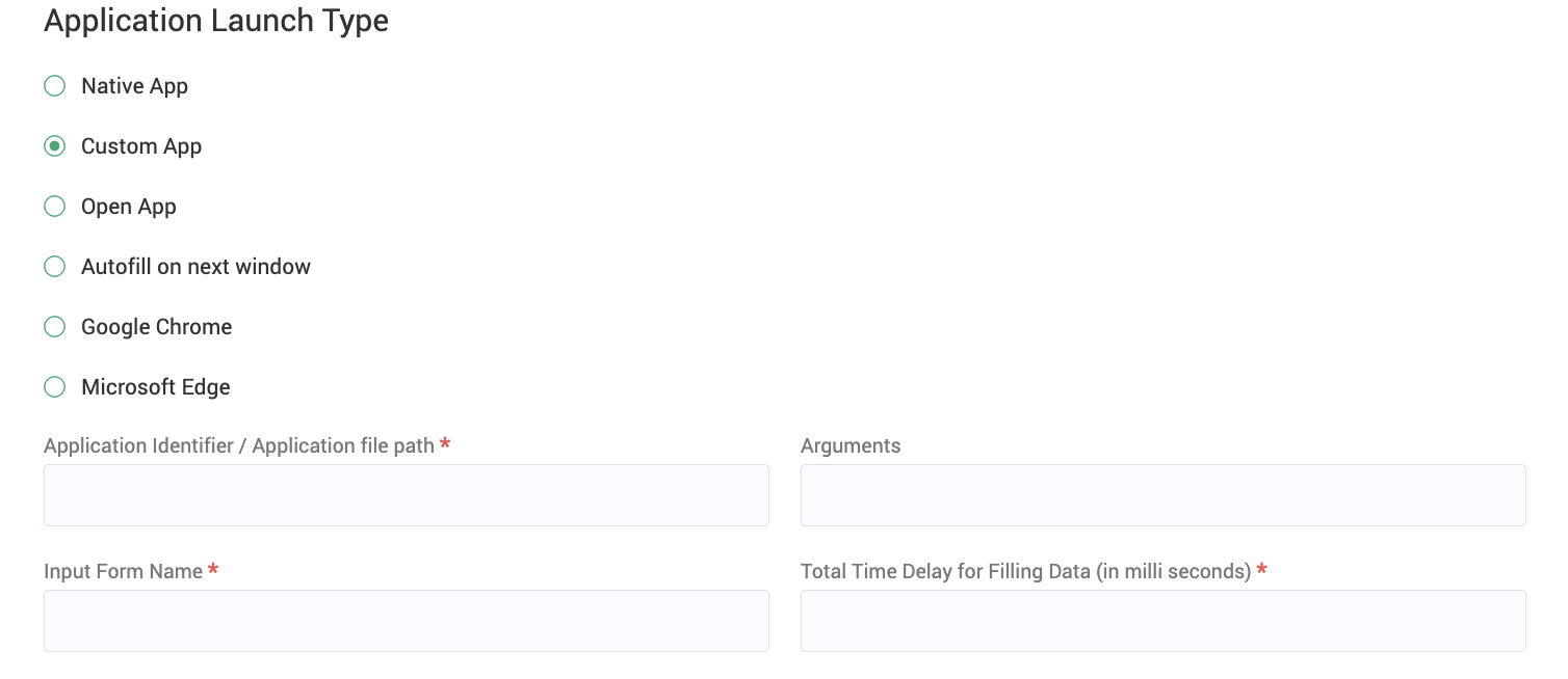 Application Launch Type selection in Securden's Custom Application Launcher with Custom App selected, showing all six supported launch types and configuration fields for application file path, input form name, and time delay