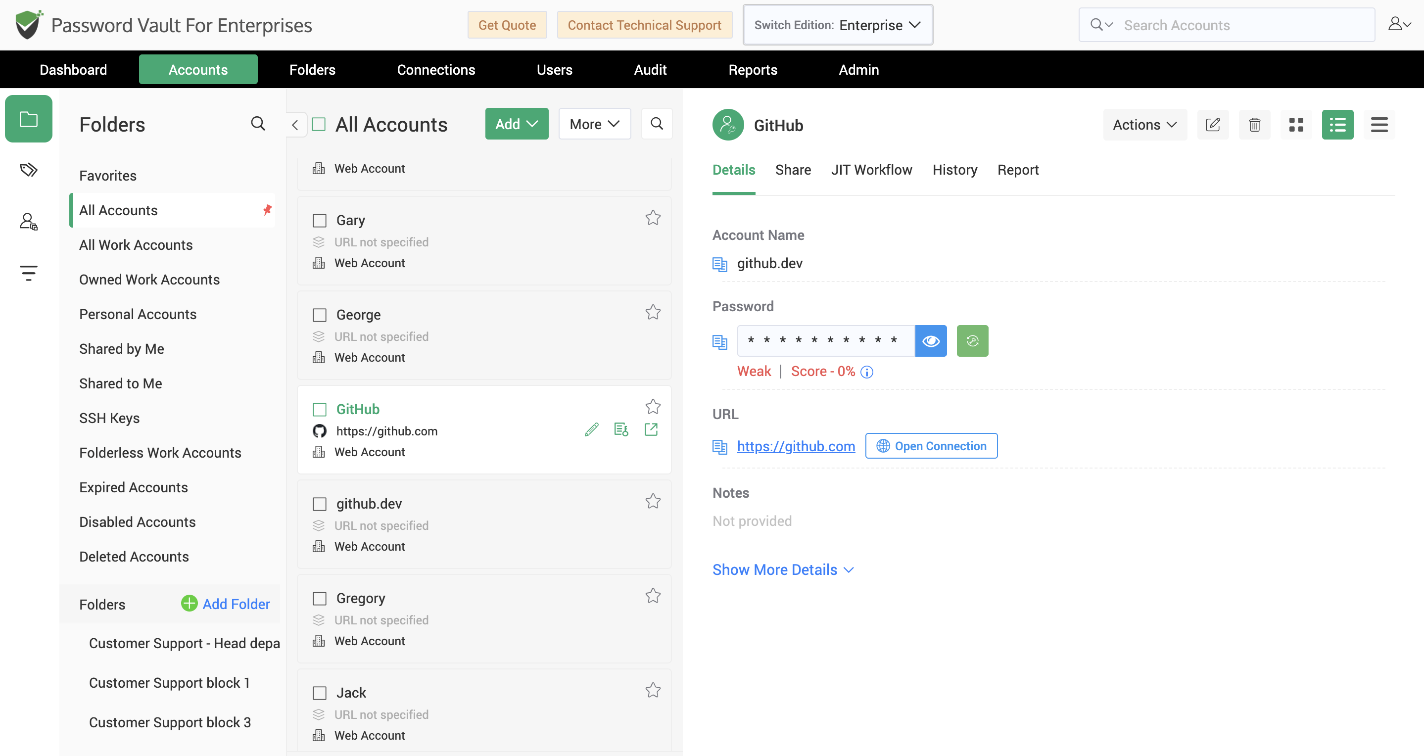 Centralized enterprise password vault displaying stored credentials, password details, secure account information, and encrypted credential management.
