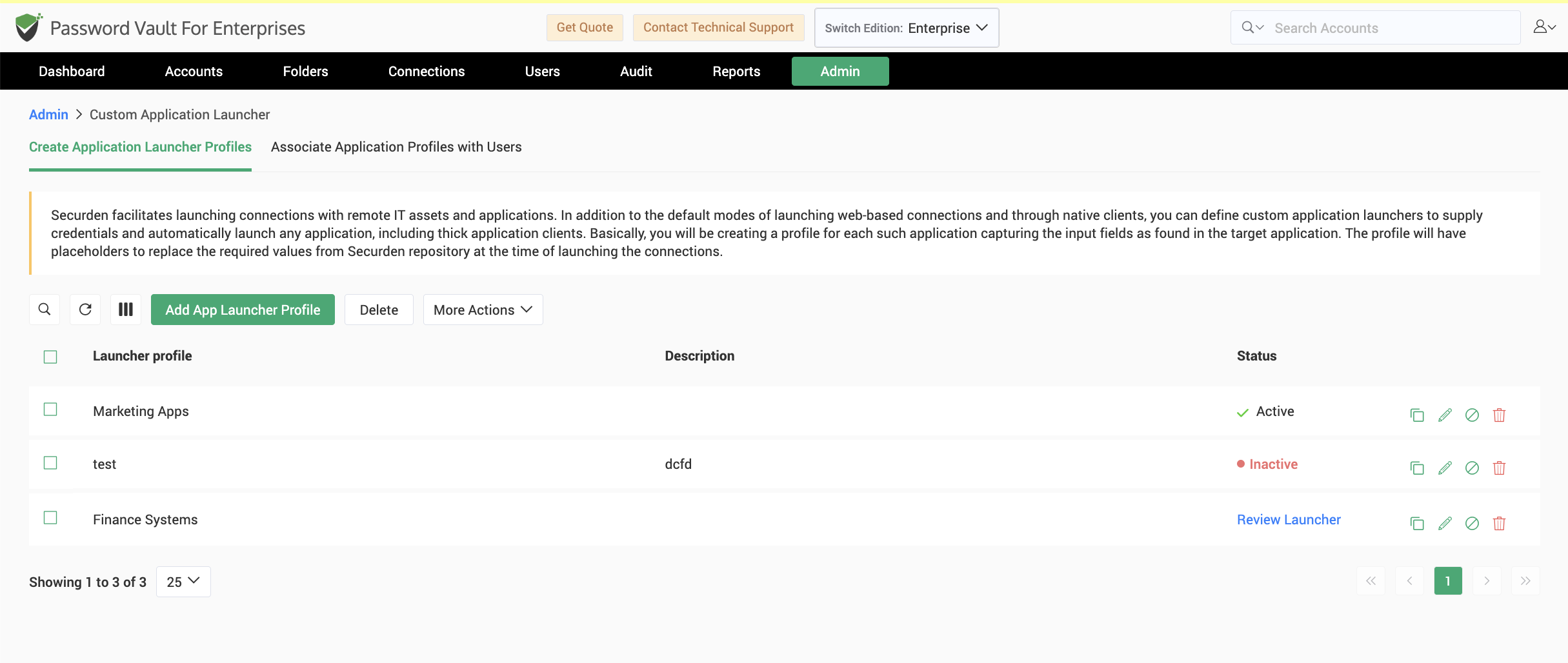 Custom Application Launcher profiles list in Securden Password Vault for Enterprises Admin panel showing three launcher profiles at various approval stages