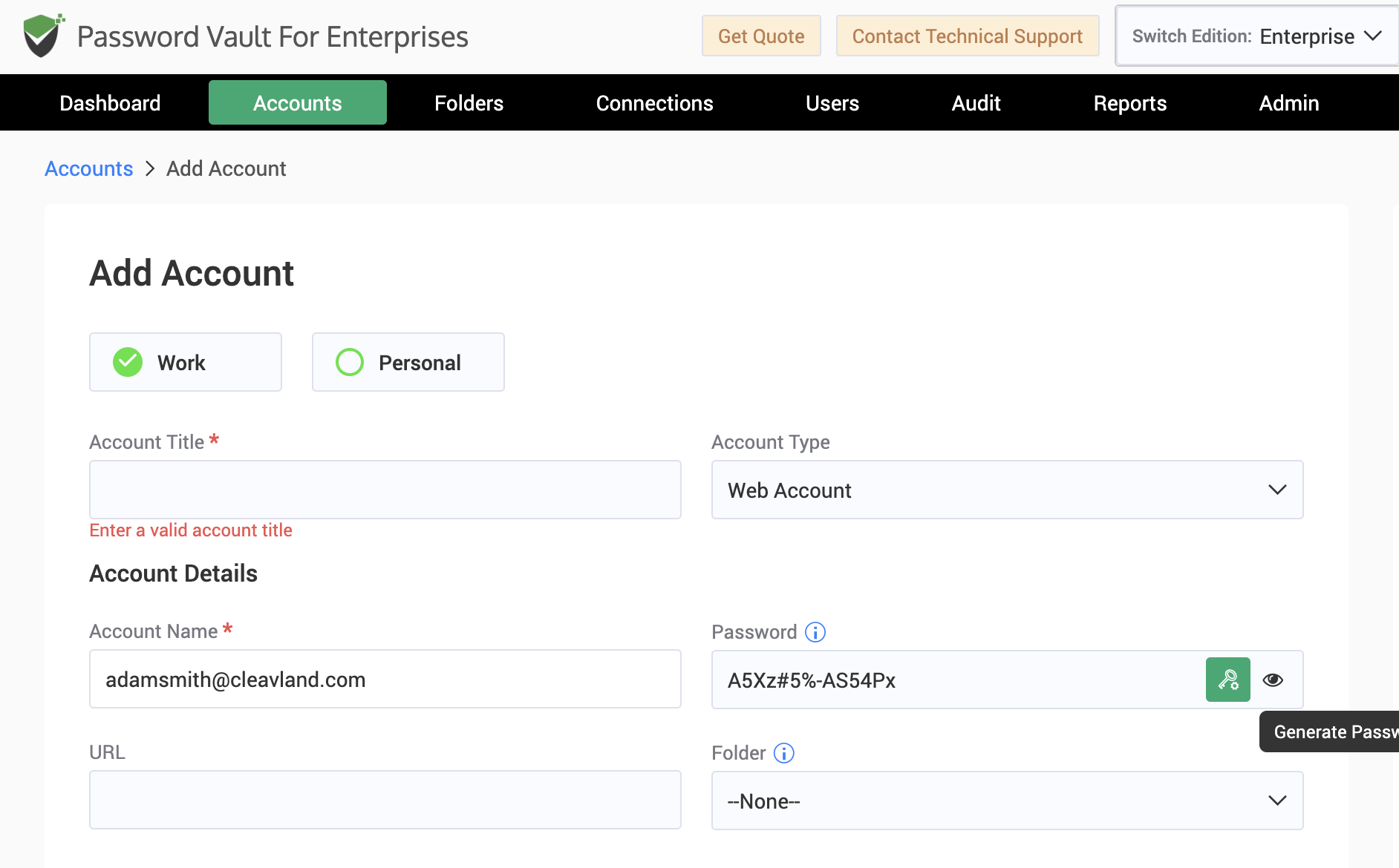 Enterprise password vault with secure password generation, centralized credential management, and integrations supporting secure password sharing.