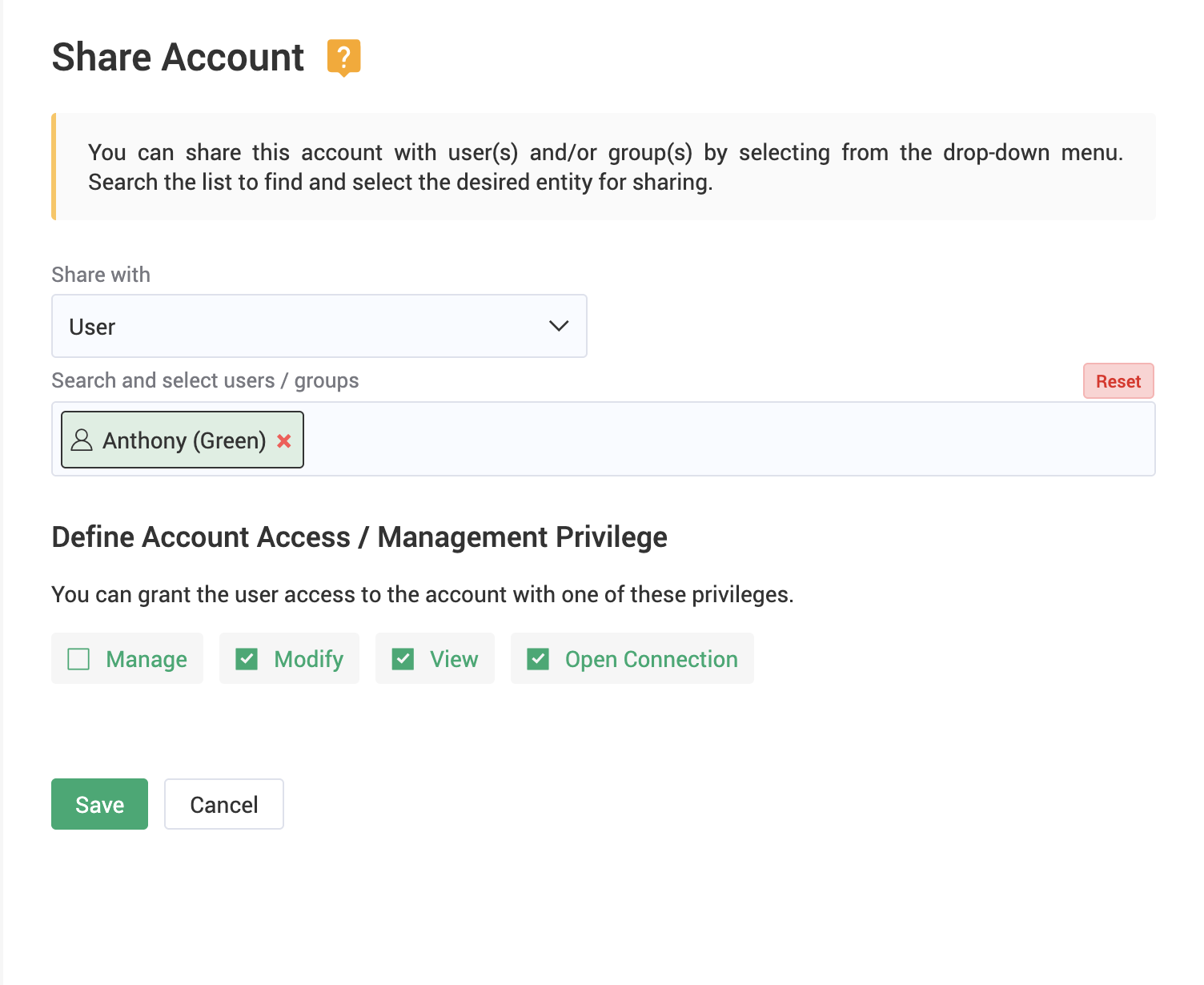 Configure granular password sharing permissions by assigning Manage, Modify, View, and Open Connection access to users or groups.