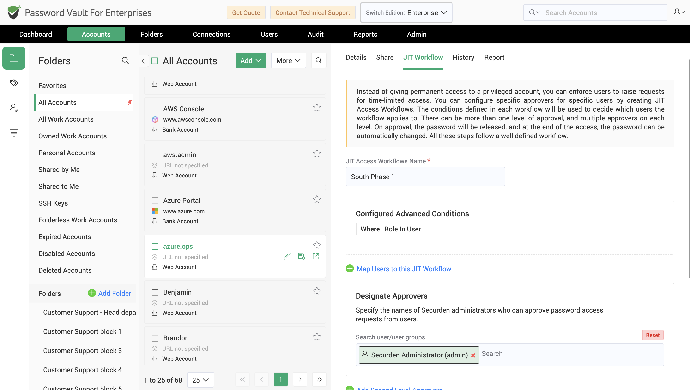 Securden Password Vault interface for configuring a Just-in-Time access approval workflow for shared account passwords