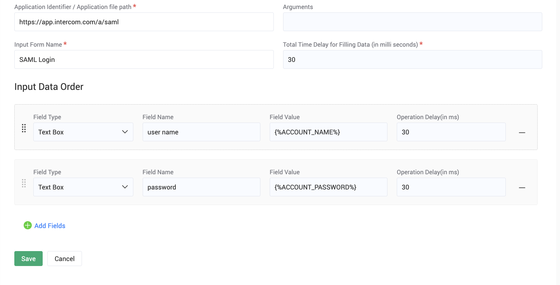 Input Data Order configuration in Securden's Custom Application Launcher showing username and password fields mapped to dynamic placeholders with per-field operation delays for a SAML login workflow