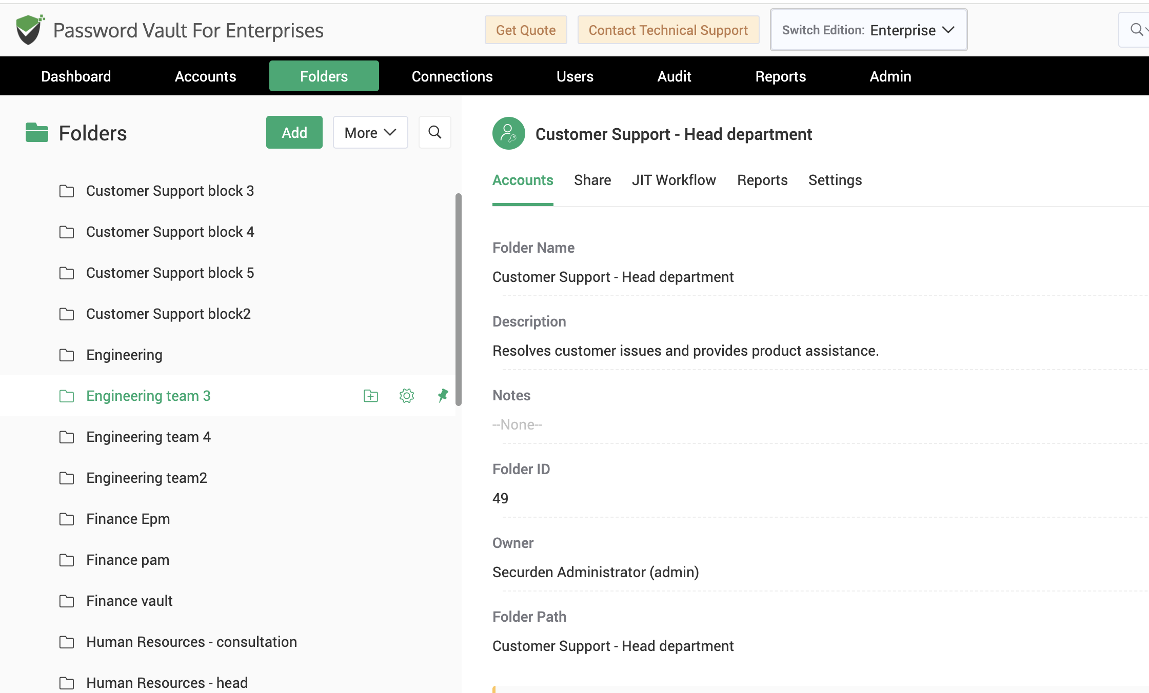 Enterprise password vault organizing credentials into folders and departments for centralized password and secrets management.