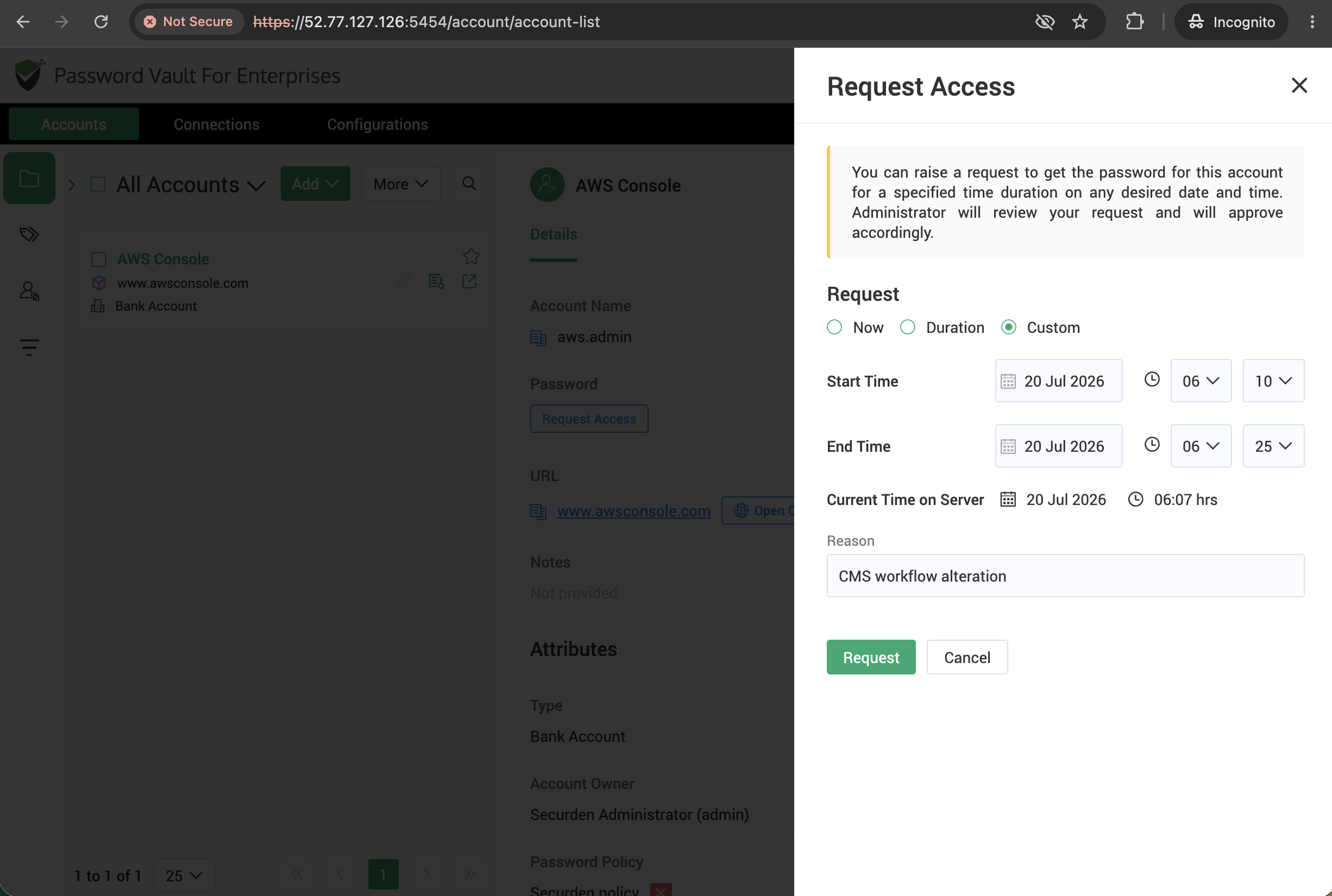 Password access request form showing the requested access period and business justification for approver review.