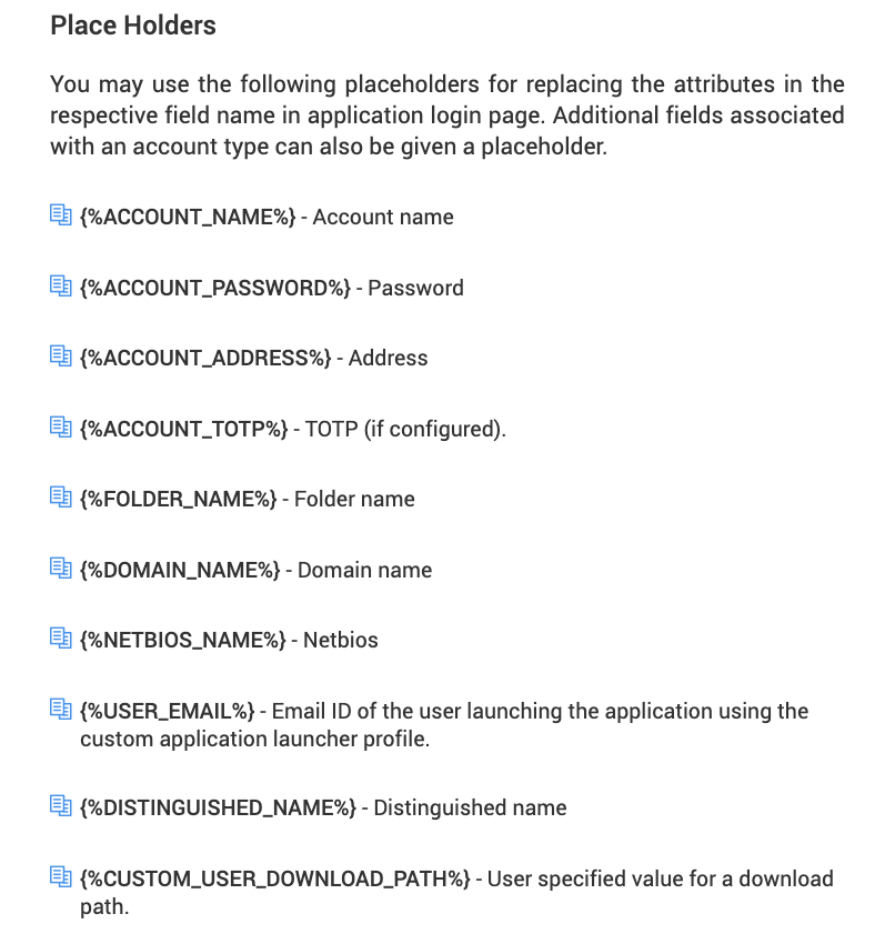Placeholders reference panel in Securden Password Vault listing dynamic variables including account name, password, address, TOTP, folder name, domain name, NetBIOS name, user email, and distinguished name for use in Launcher Profile field mappings