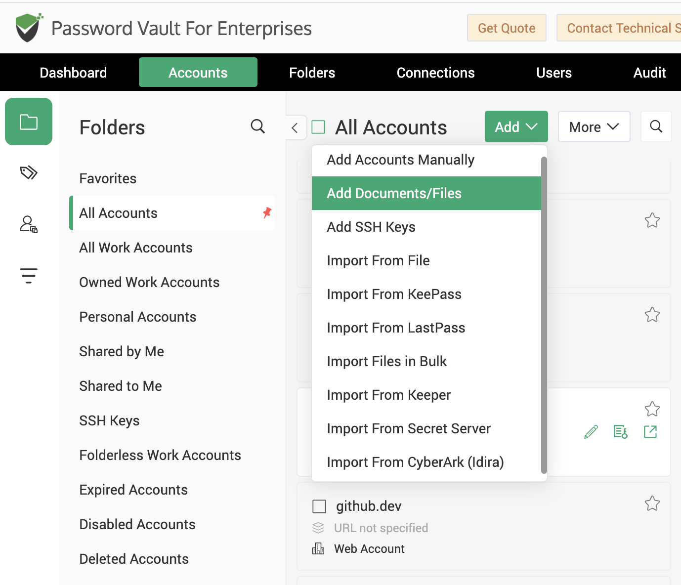 Add Account menu showing options to store passwords, documents, files, SSH keys, and import credentials from multiple sources.