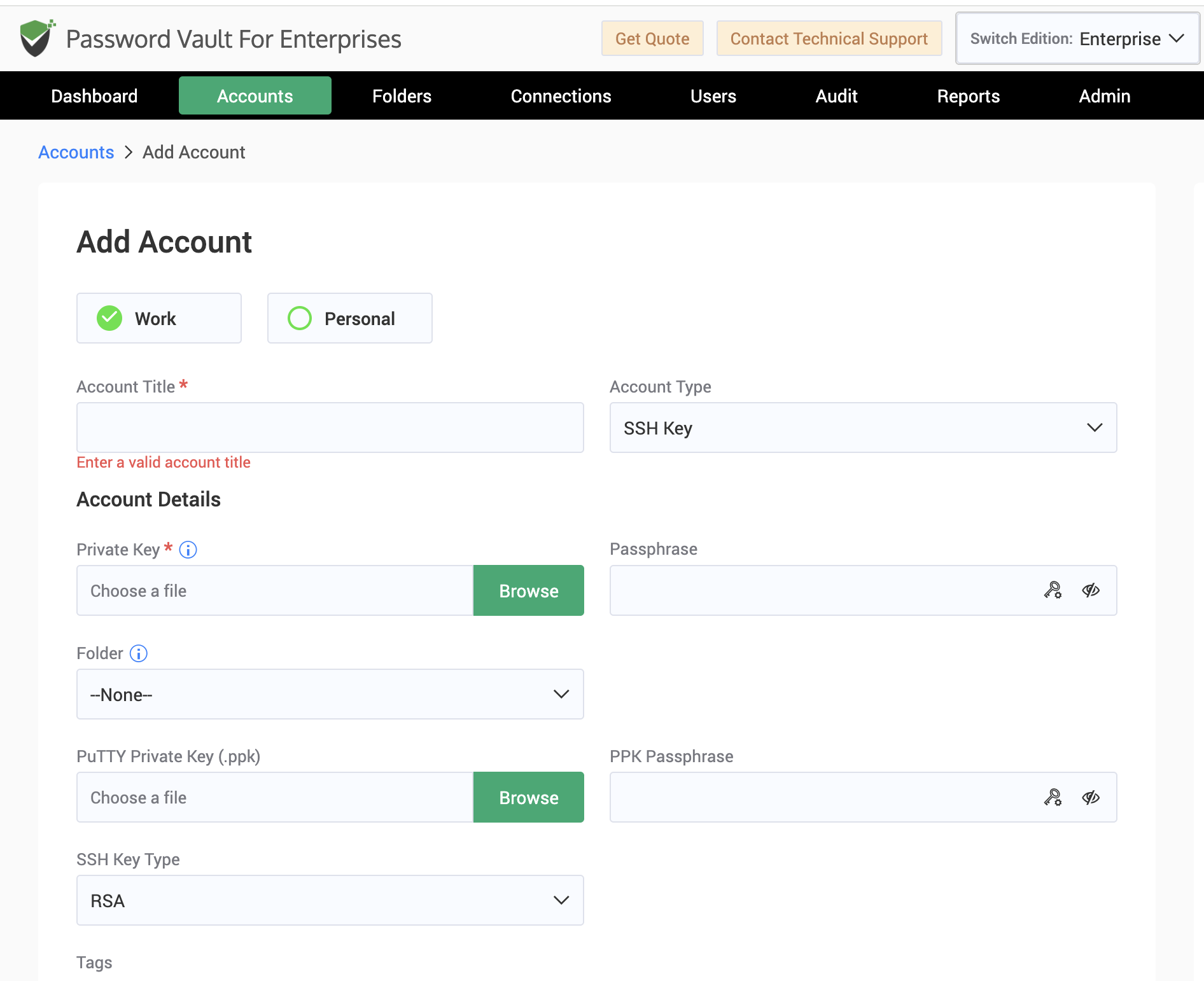 Store SSH keys, private keys, certificates, and associated credential files securely within the enterprise password vault.