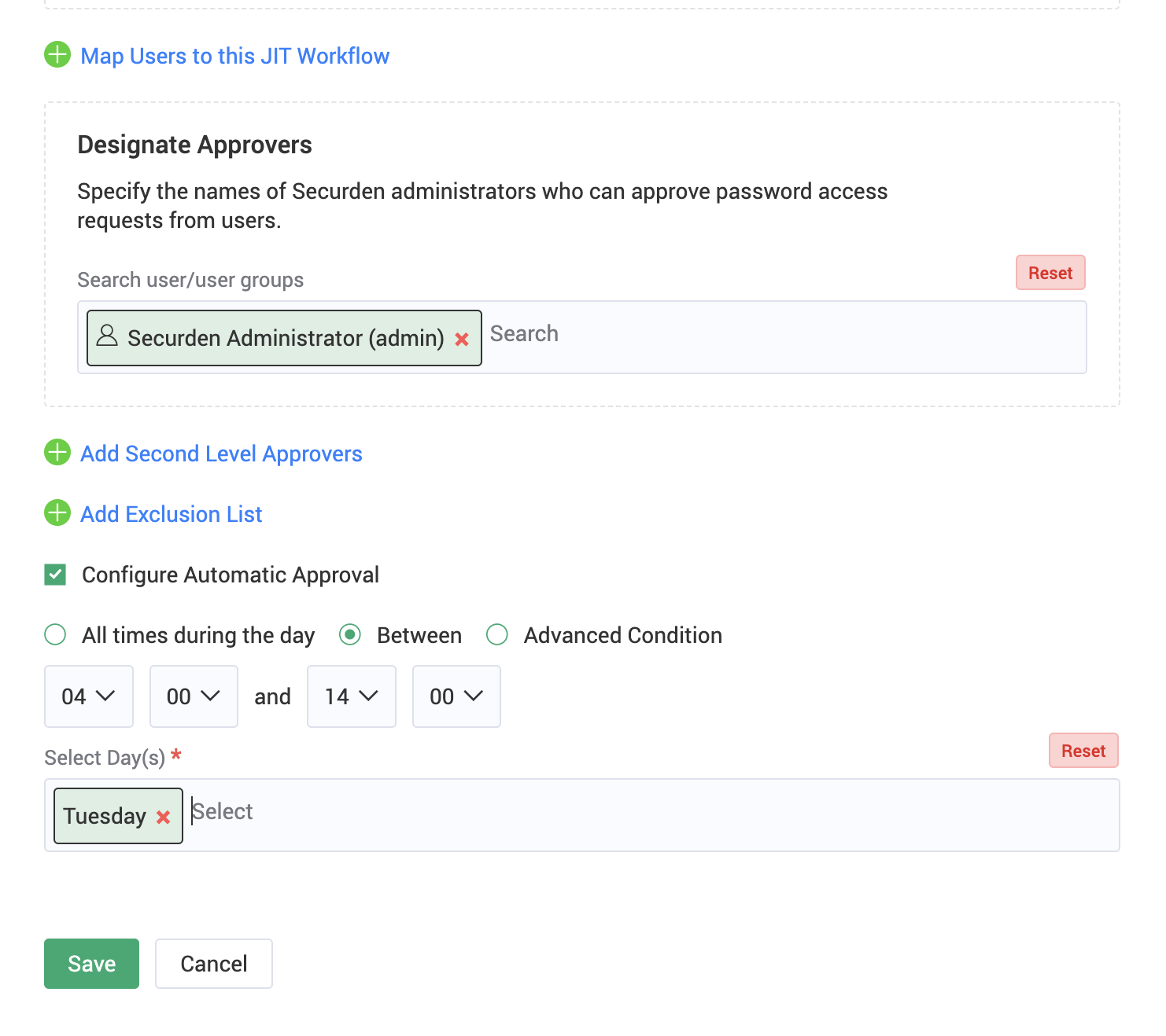 Just-in-Time access workflow configuration with designated approvers and automatic approval during specified days and hours.