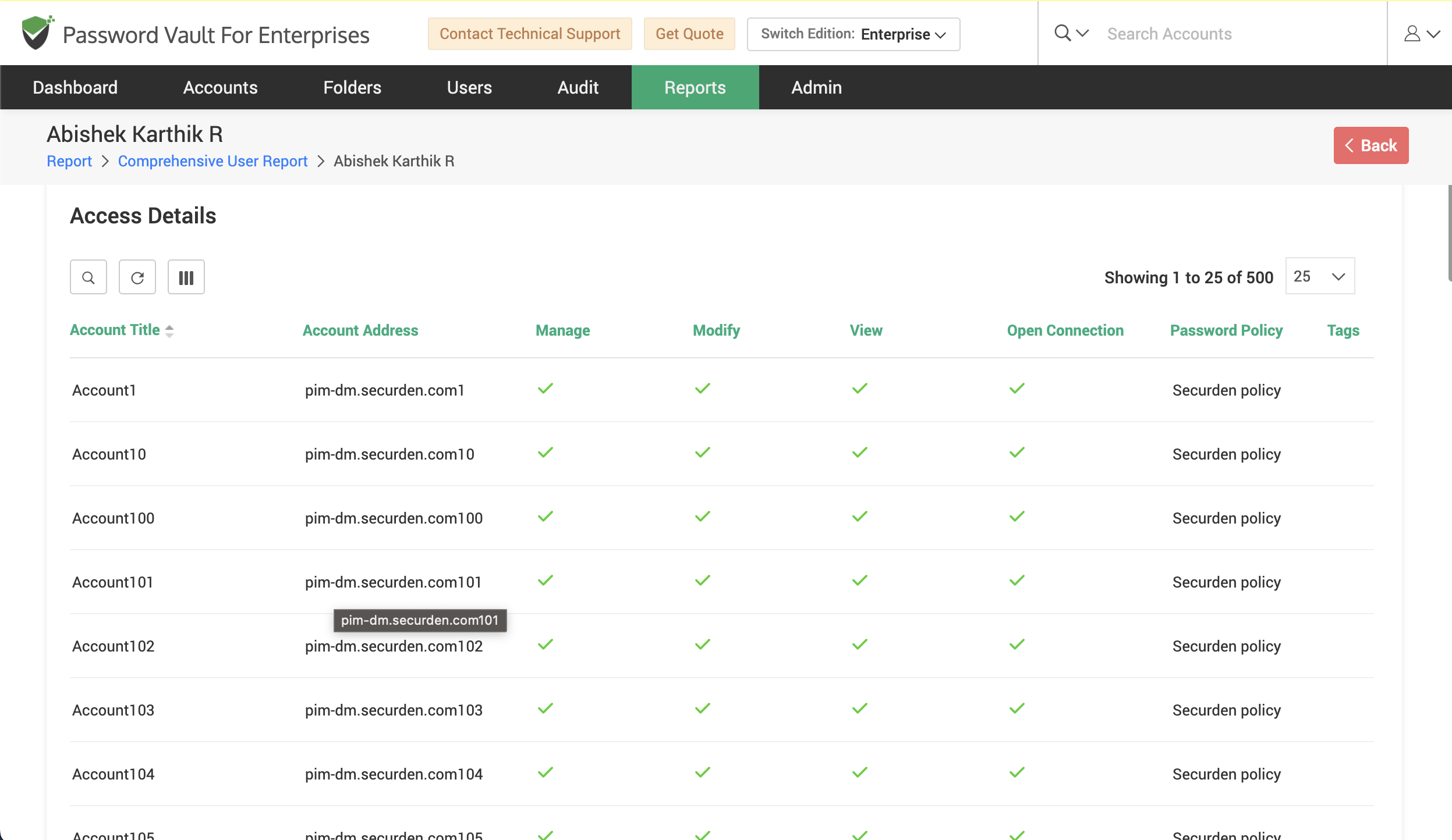 Detailed user view displaying access permissions, account associations, and user-level access details in Password Vault for Enterprises.