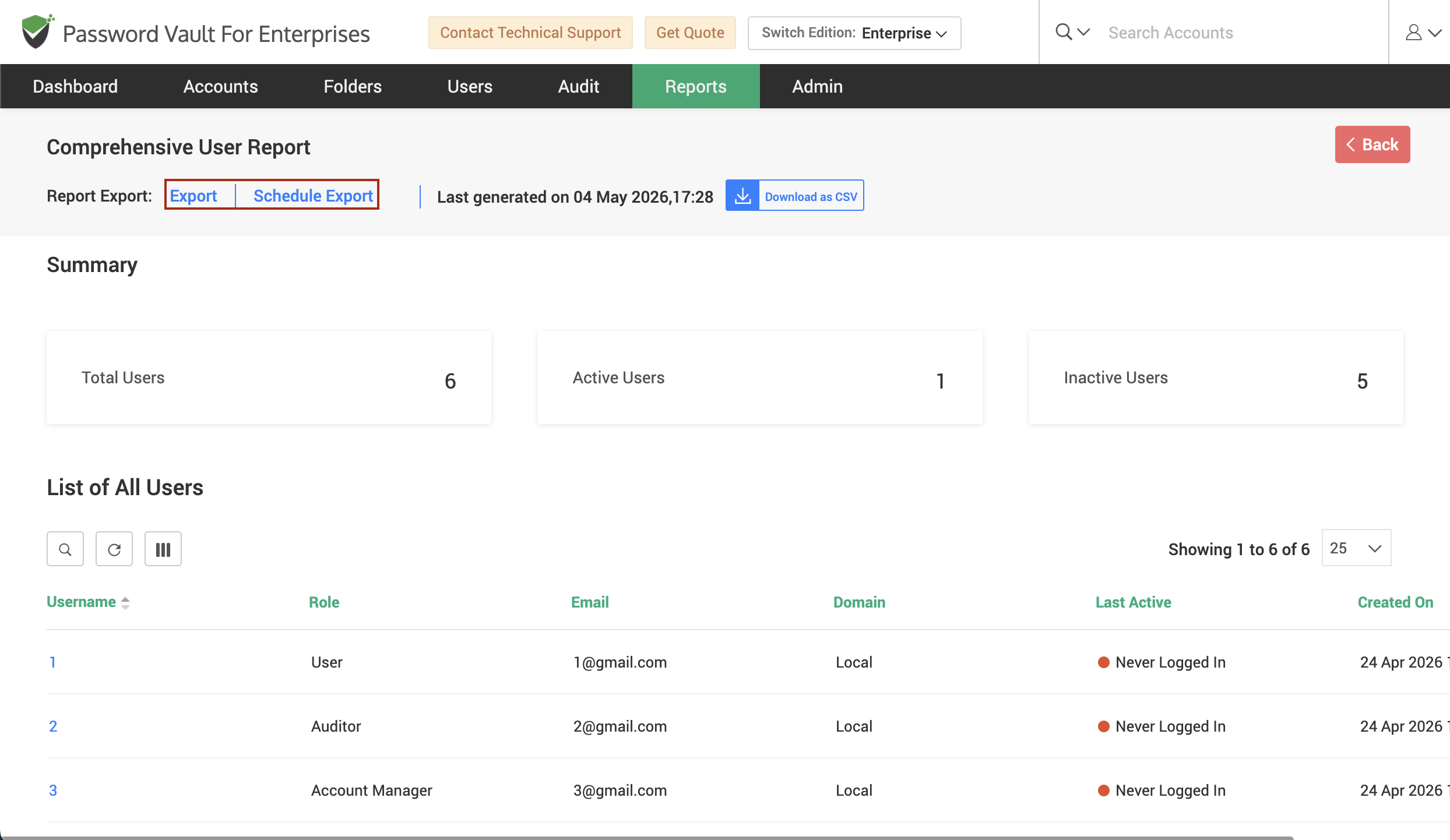 Comprehensive User Report export and schedule export options in Password Vault for Enterprises.