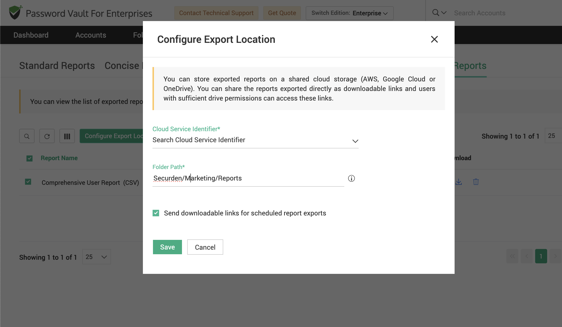 Configure Export Location window showing options to store reports in cloud storage or local/network drive with folder path settings.