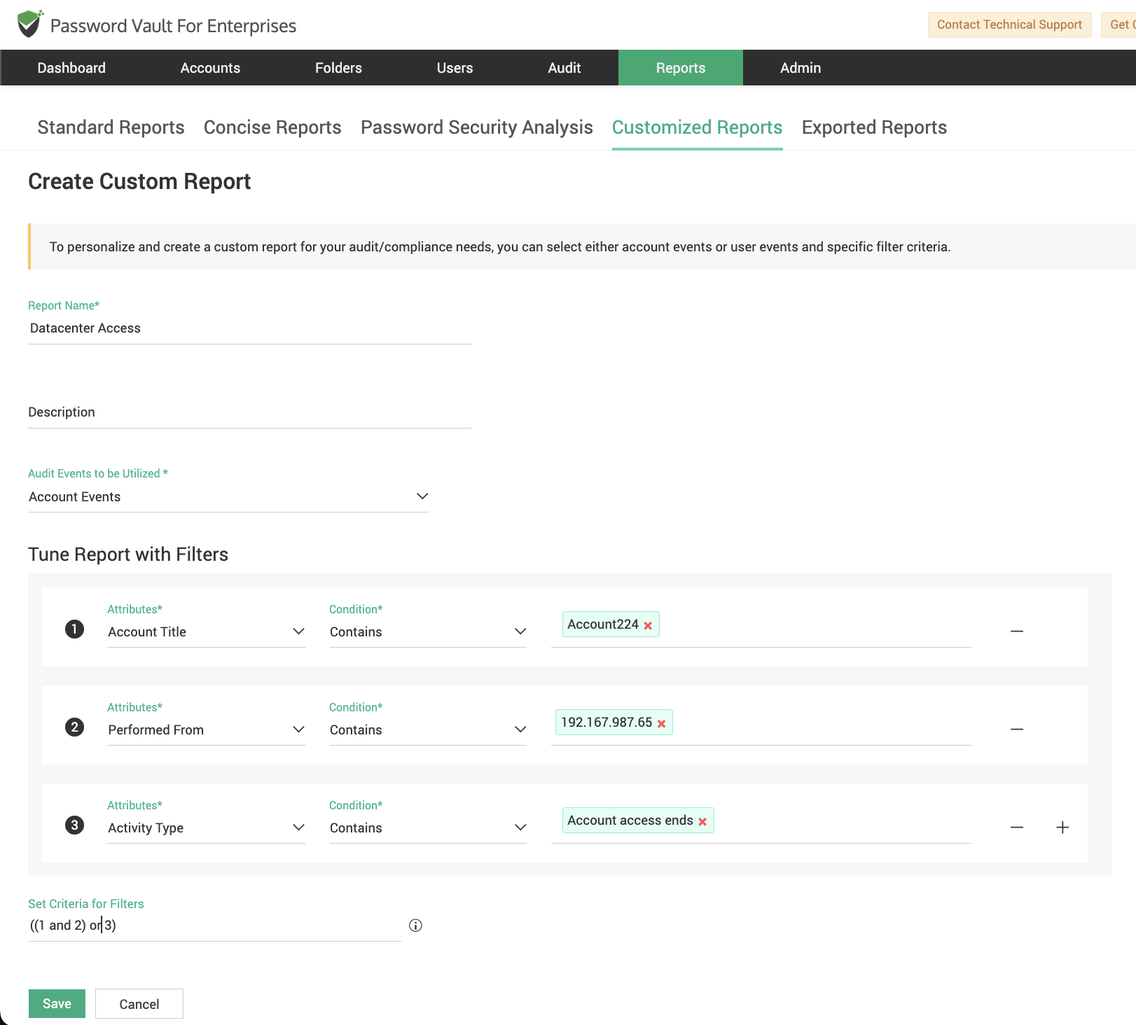 Create Custom Report screen showing filter configuration with attributes, conditions, and logical expressions.
