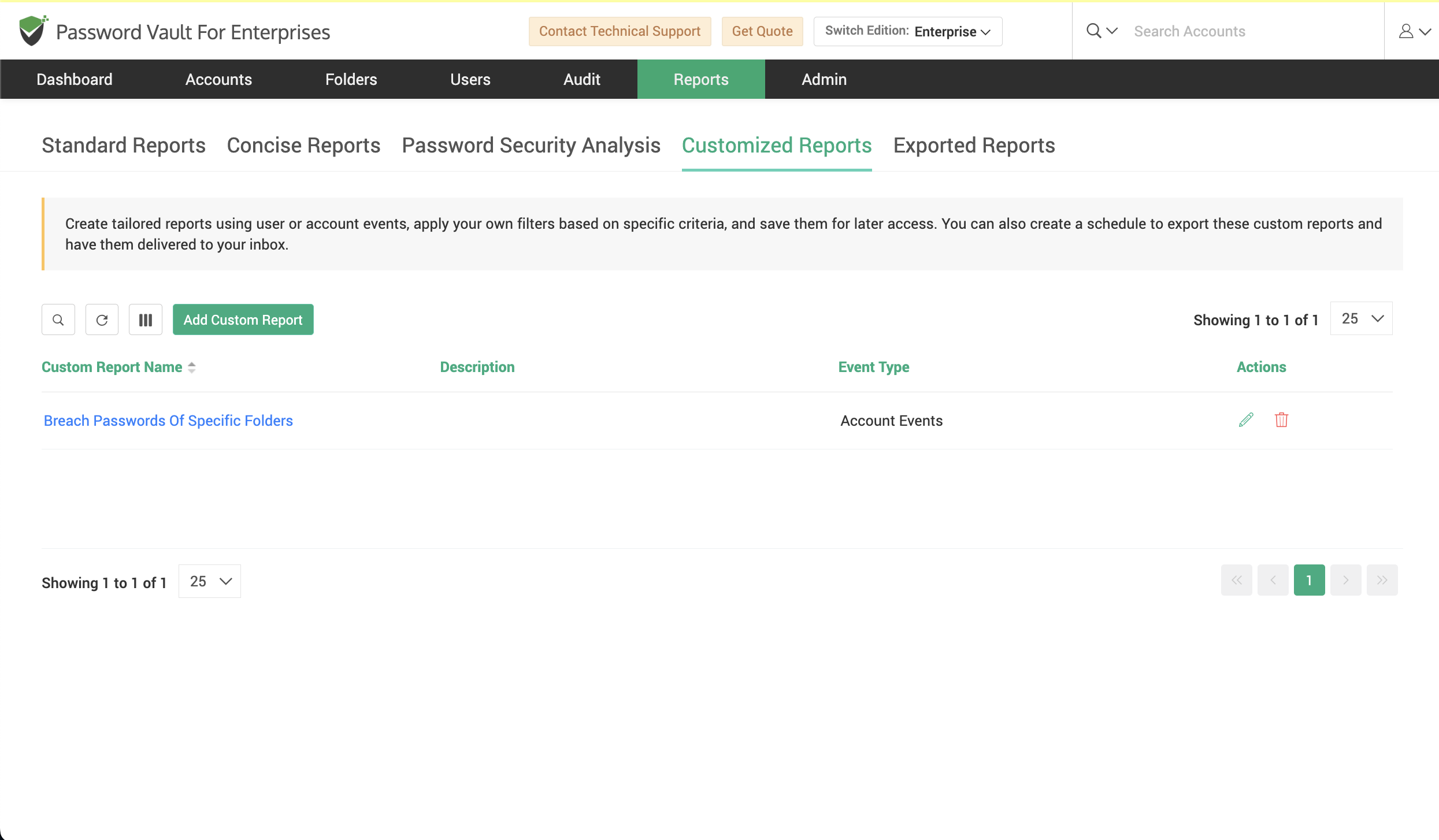 Customized Reports page showing list of saved custom reports with options to add, edit, or delete reports.