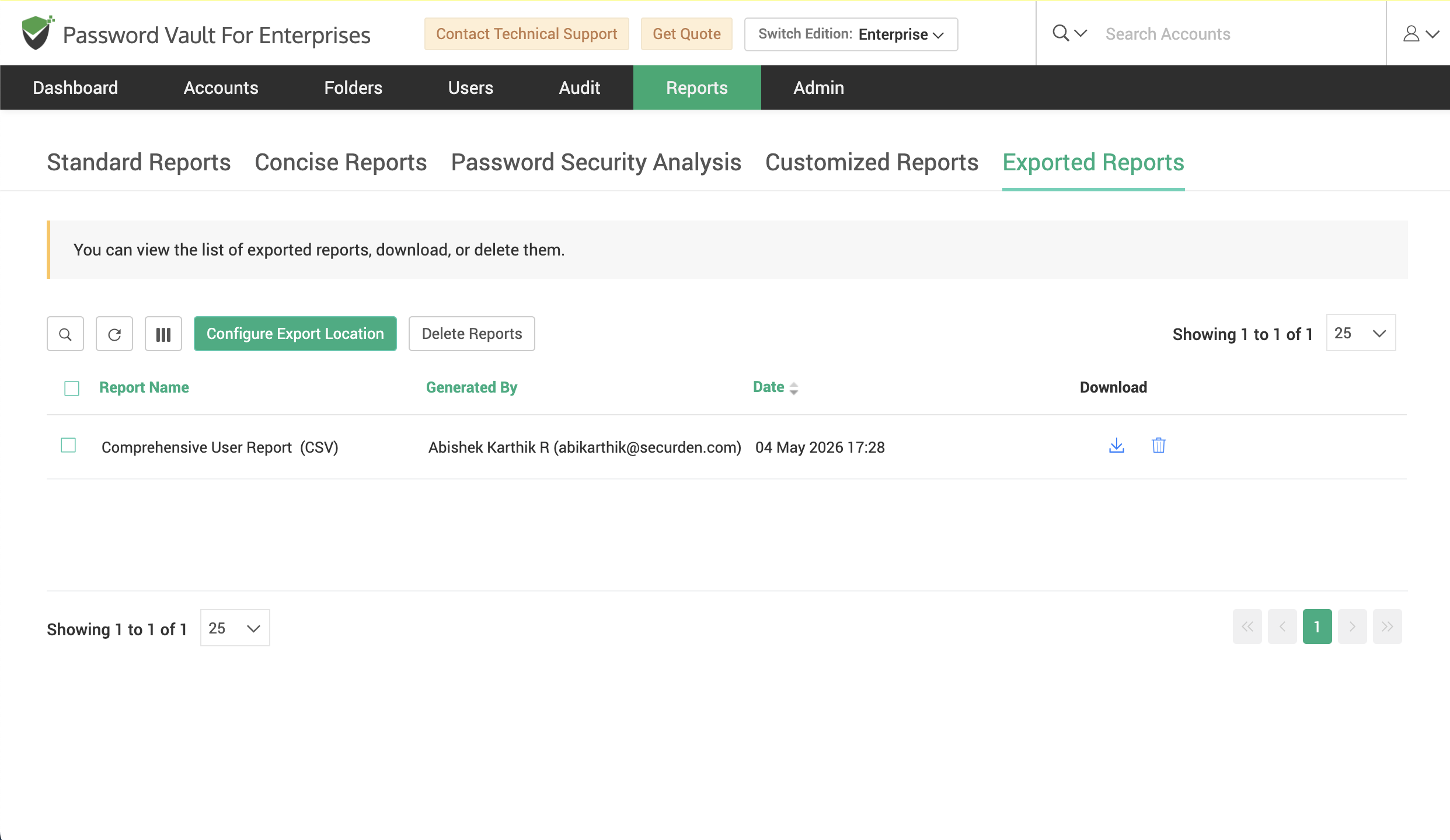 Exported Reports page displaying list of generated reports with options to download, delete, and manage reports.