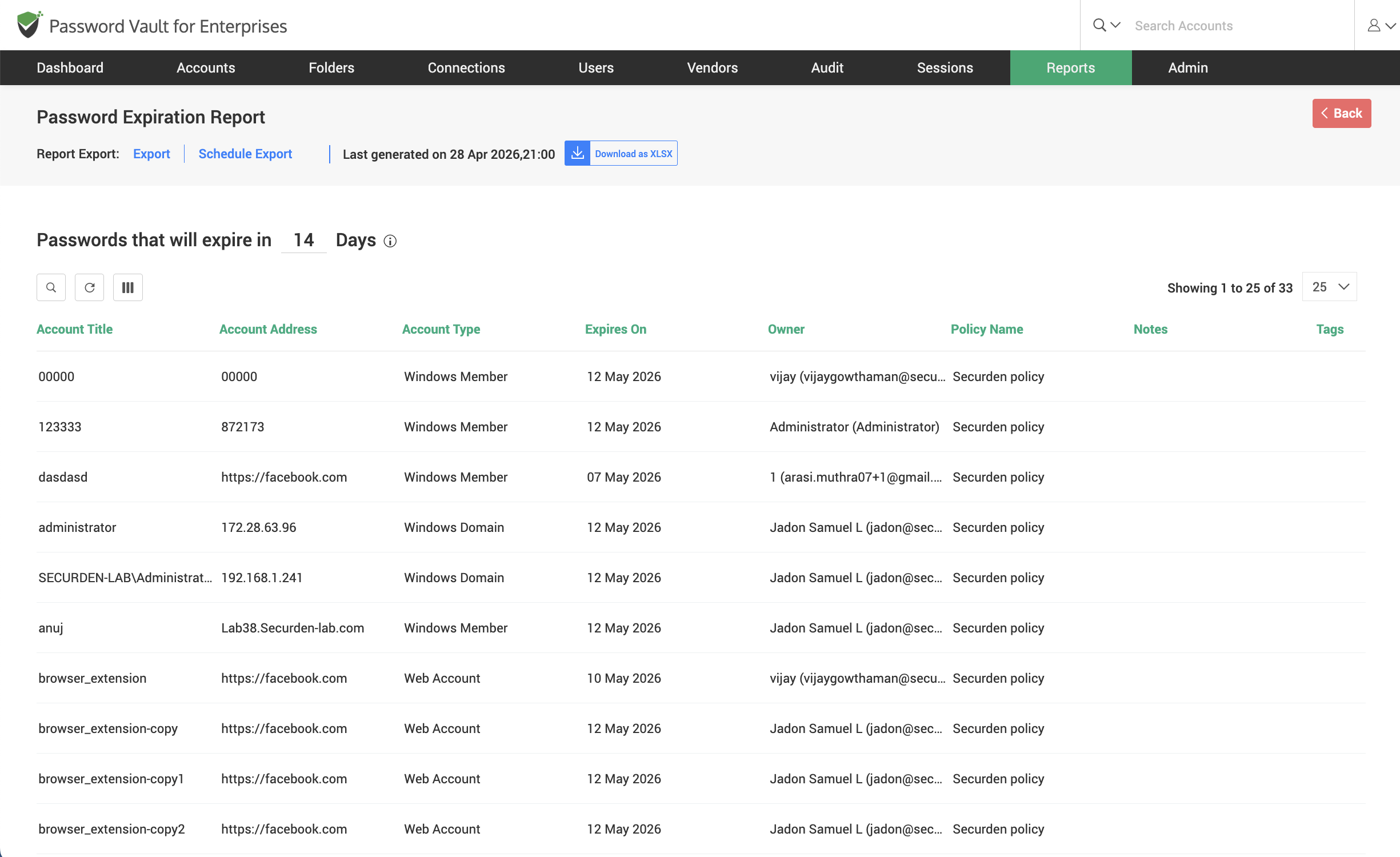 Passwords expiring in selected number of days showing upcoming password expirations with account details and expiry dates in Password Vault for Enterprises.