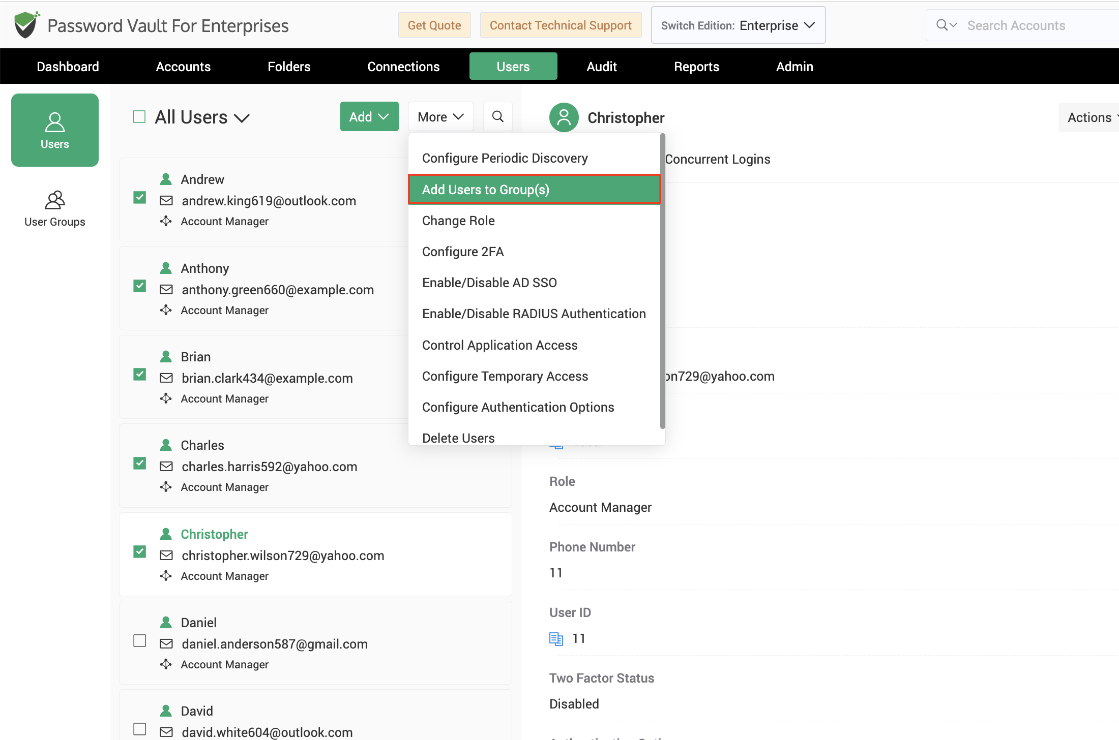 Choose users to add them to specific groups in Securden Password Vault