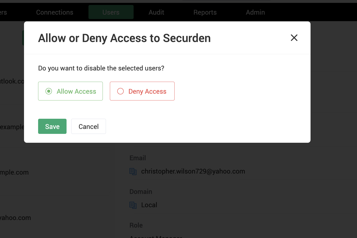 Selected users being allowed or denied access to Securden Password Vault