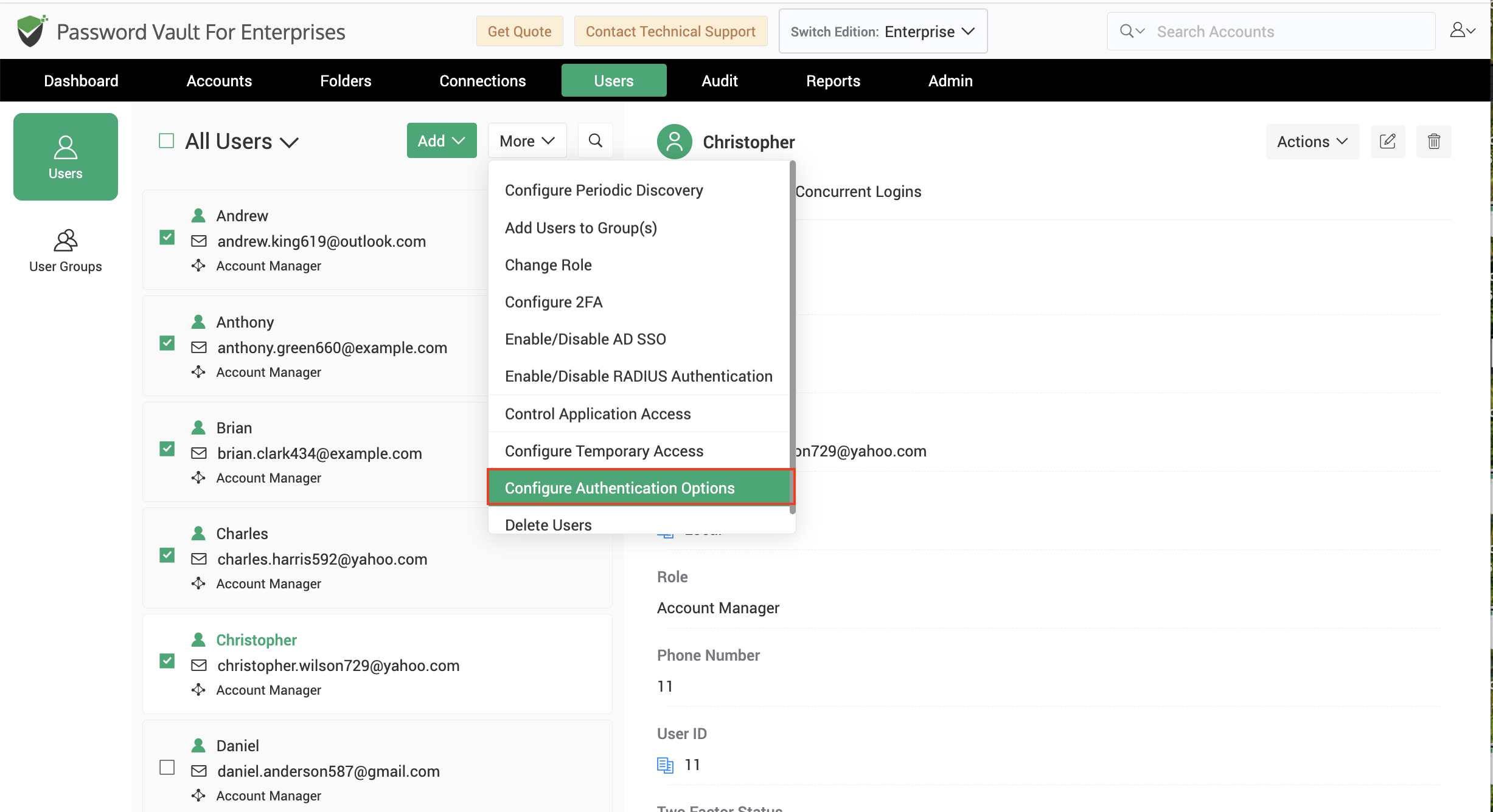 Choose users to configure authentication options to log into Password Vault