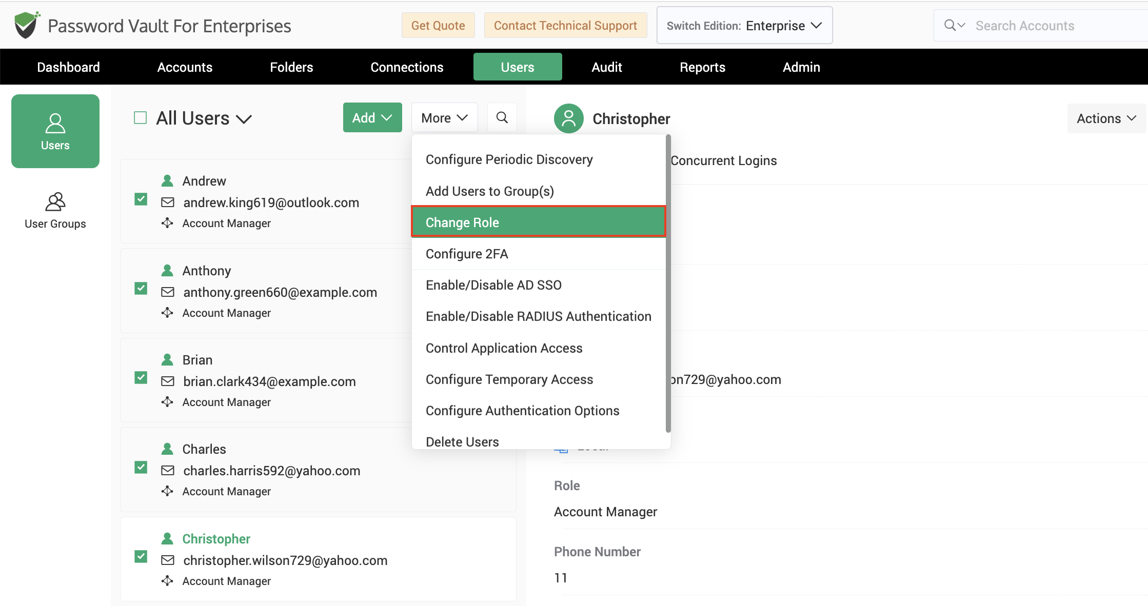 Choose users to change their roles in Securden Password Vault