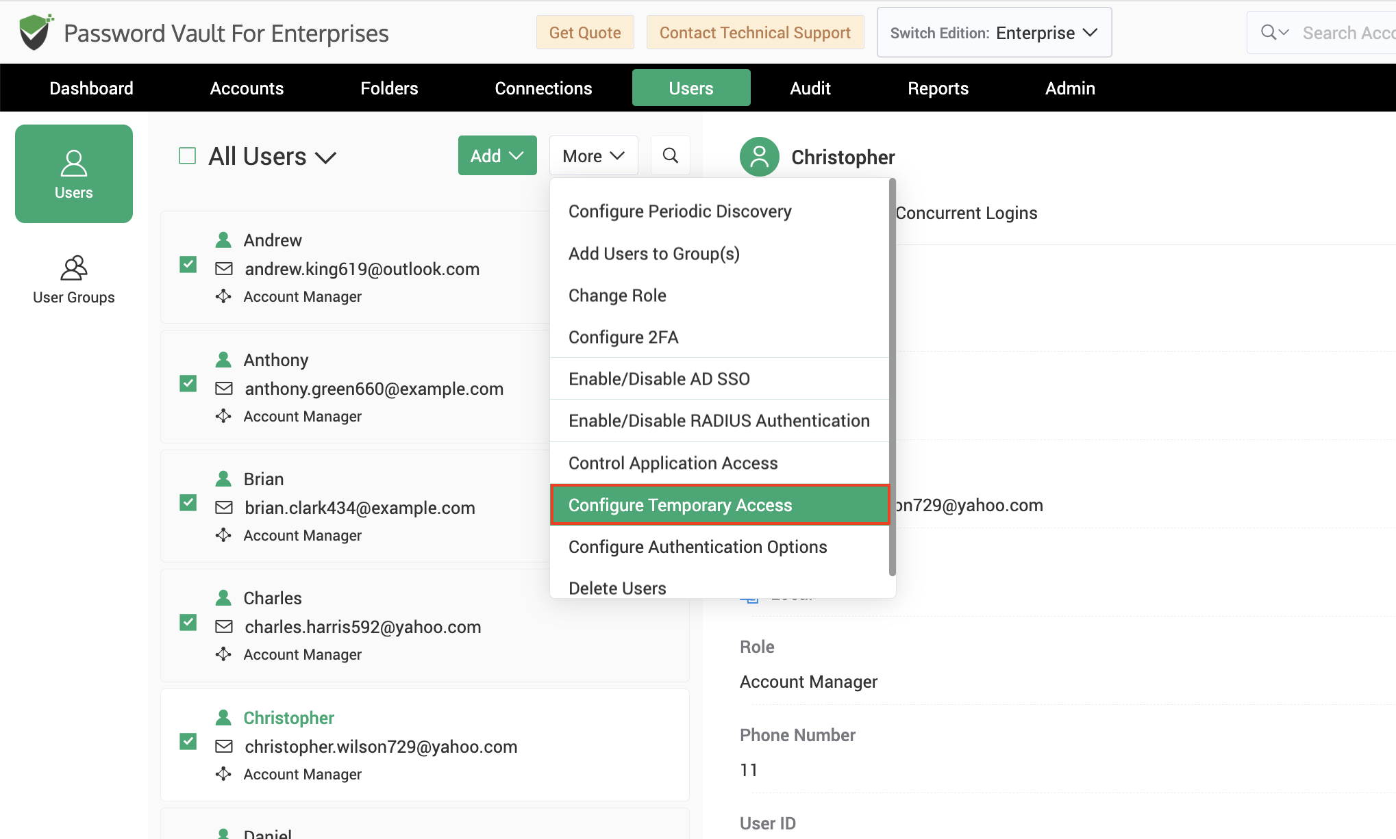 Choose users to configure temporary access to Securden Password Vault