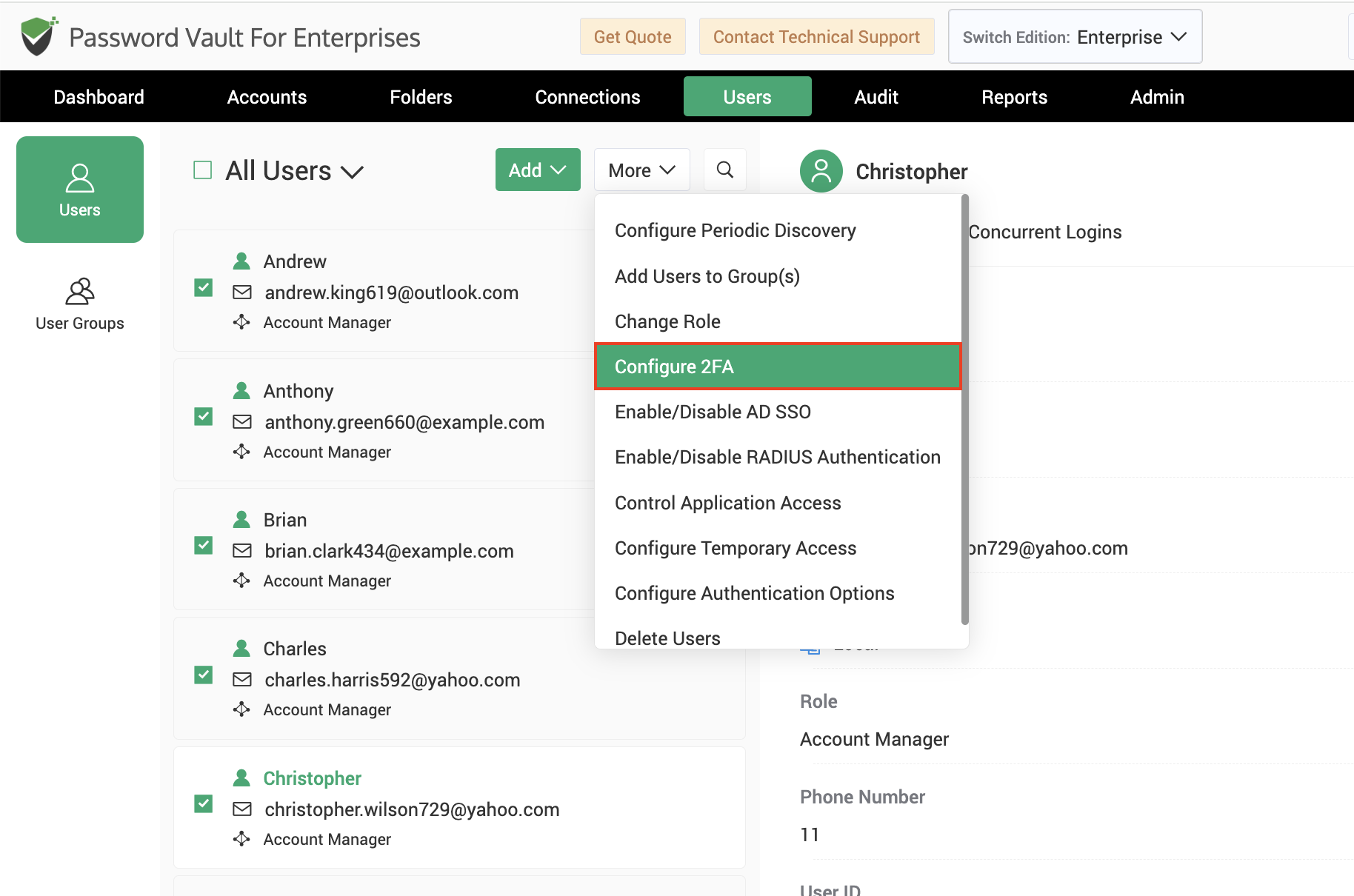 Choose users to enable or disable two-factor authentication for accessing Securden Password Vault