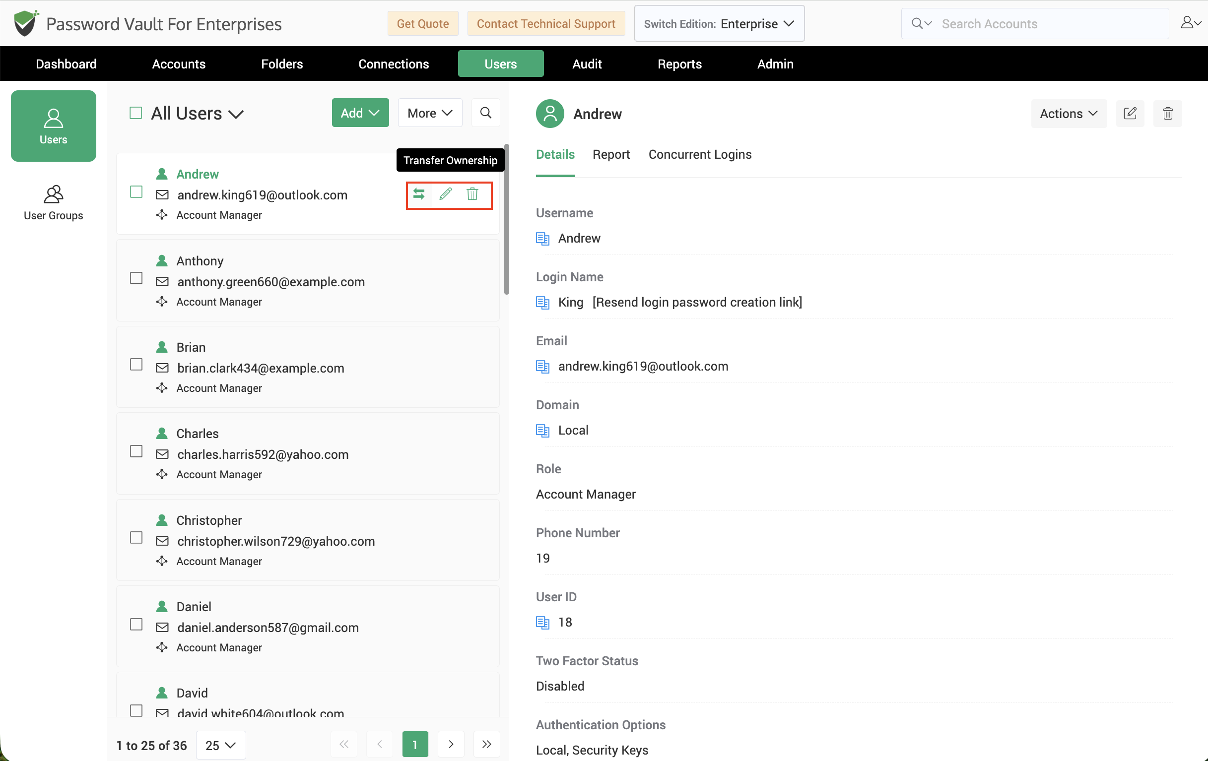 Quick access options for user operations