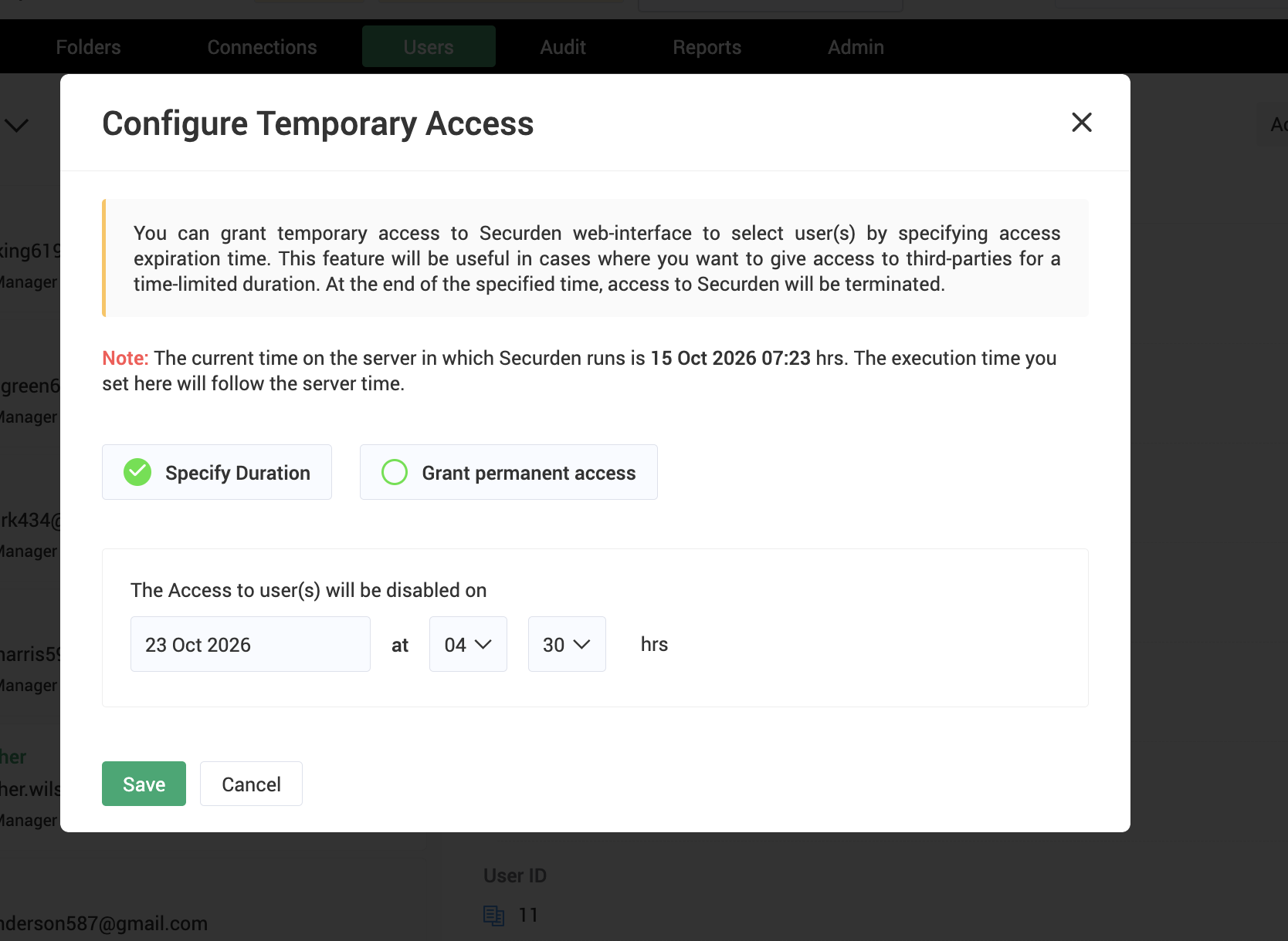 Grant time-limited temporary access or permanent access to Securden Password Vault