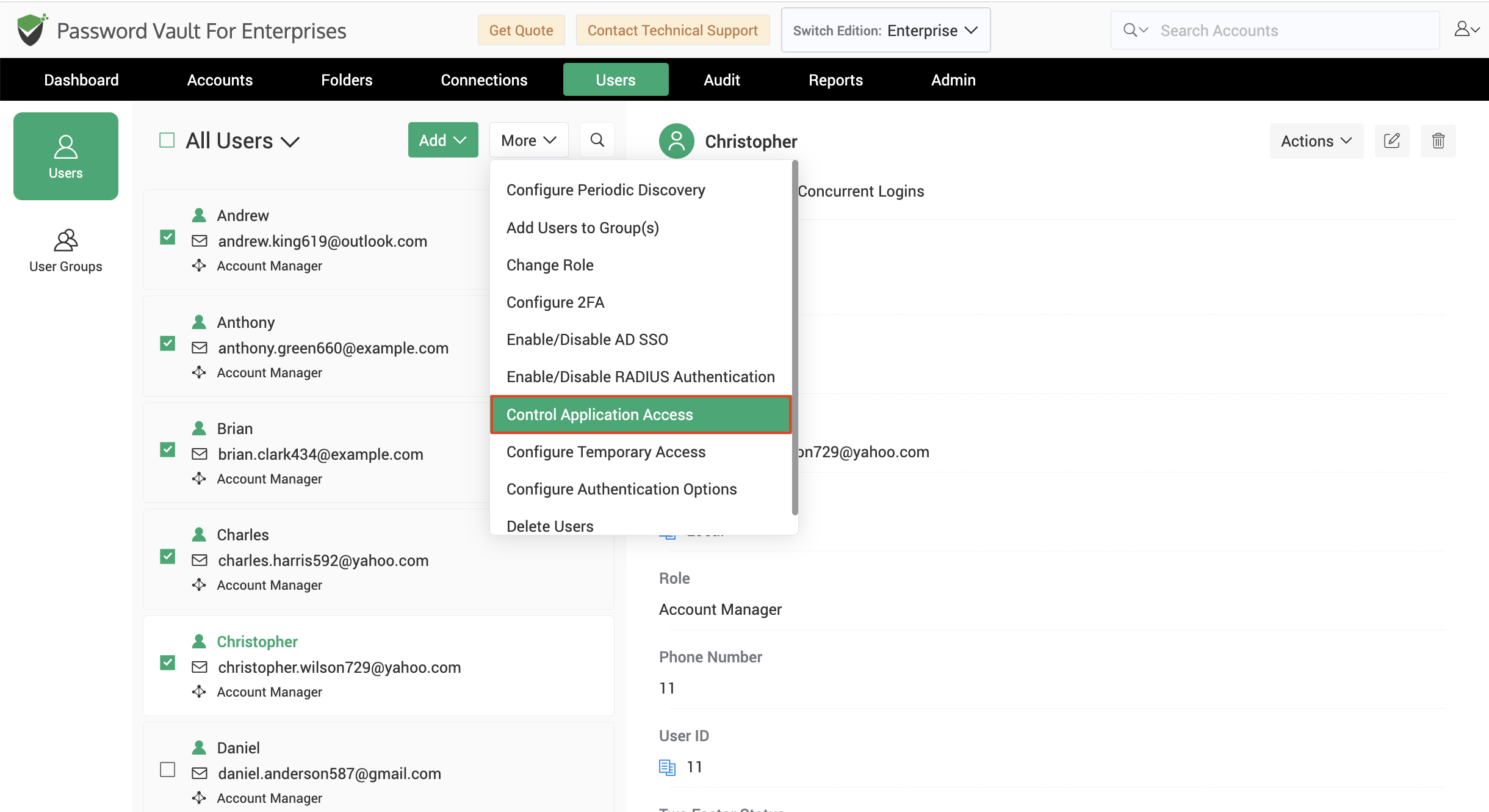 Choose users to Control their access to Securden Password Vault