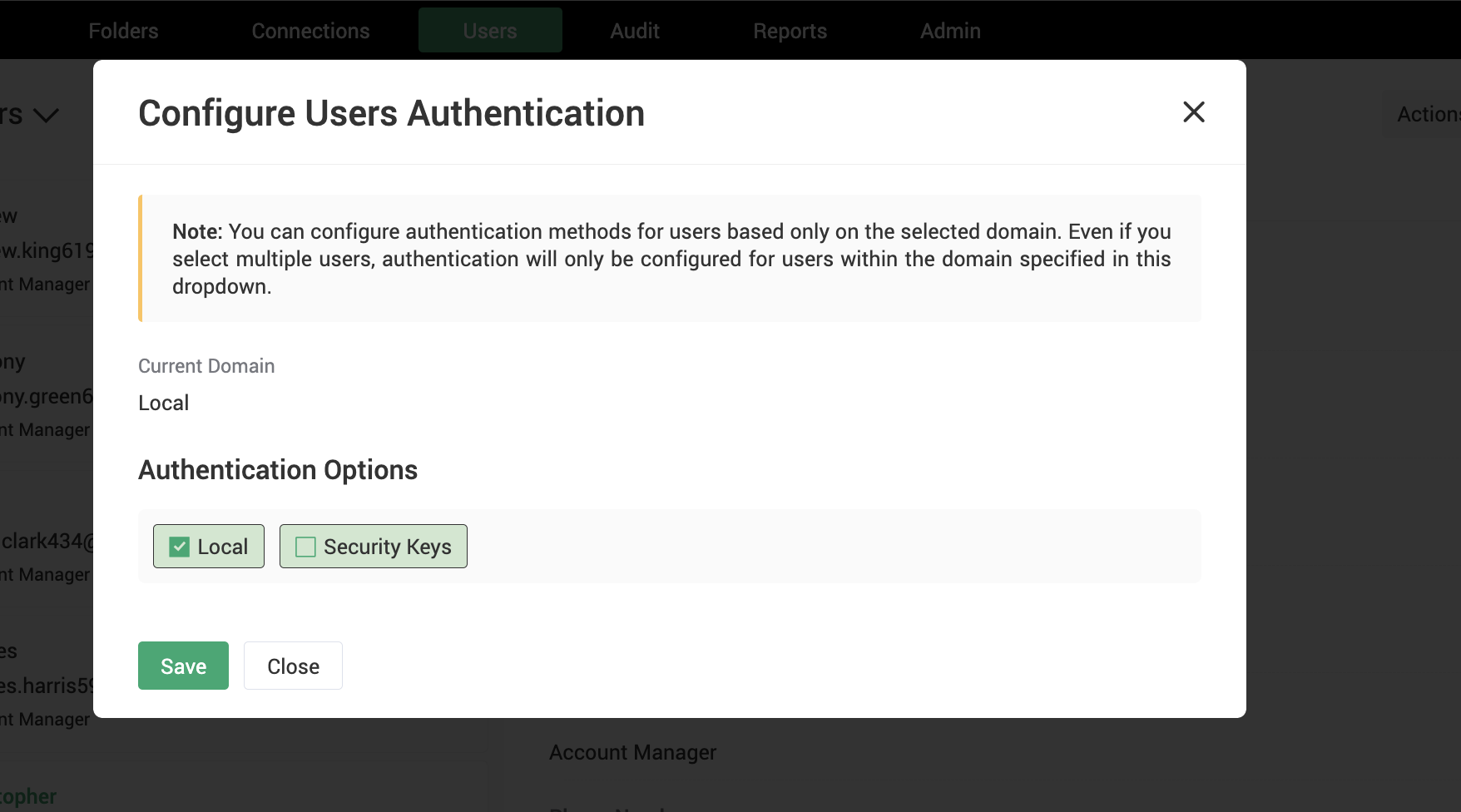Choose between various authentication users available for users to log into Password Vault