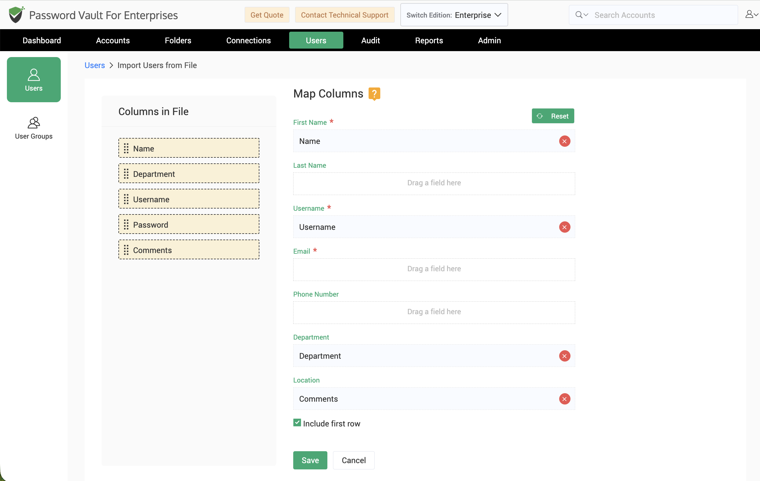 Map columns from added file to the respective fields in Securden Password Vault