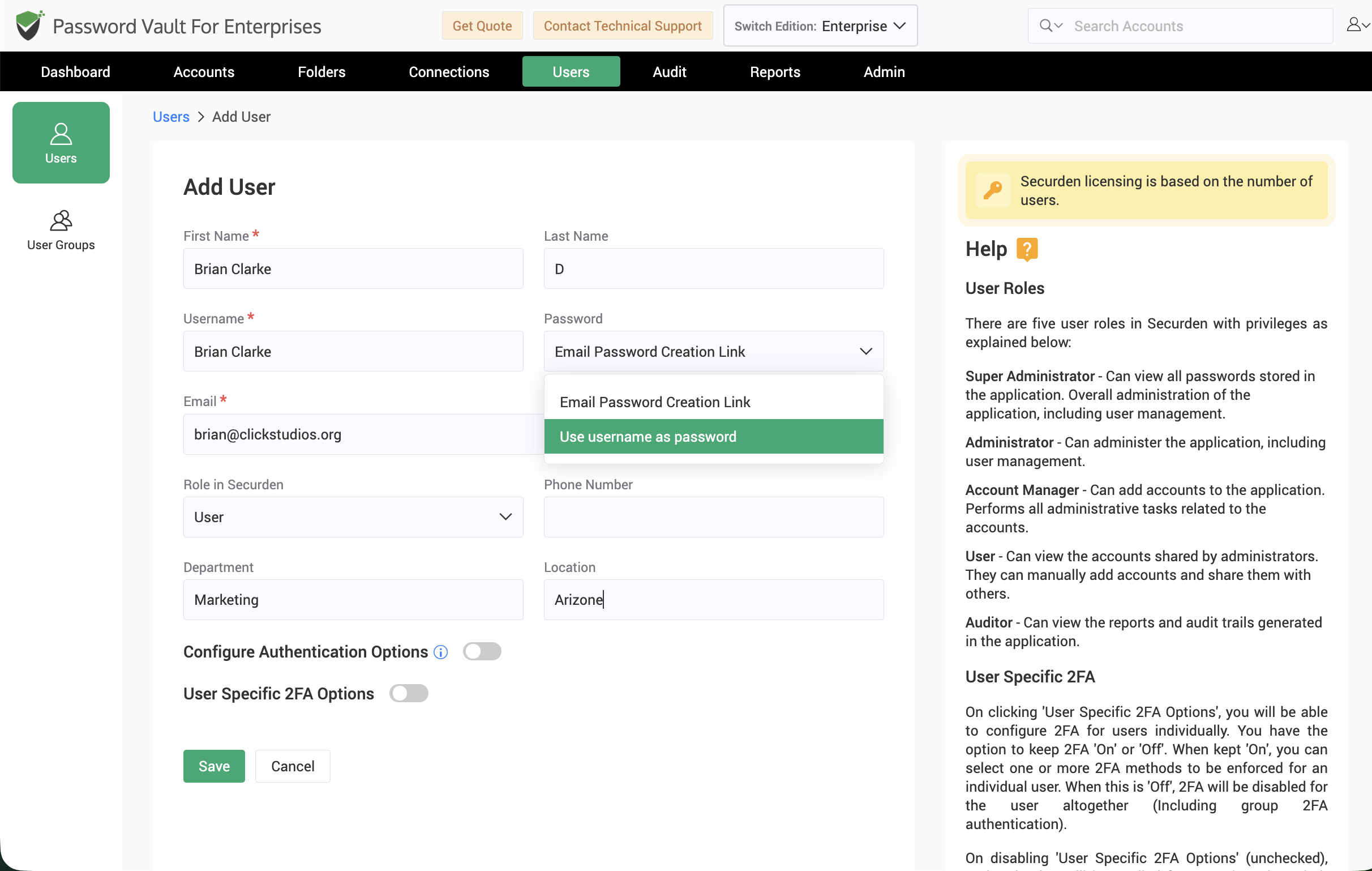 Form fields displaying information for local users addition in Securden Password Vault