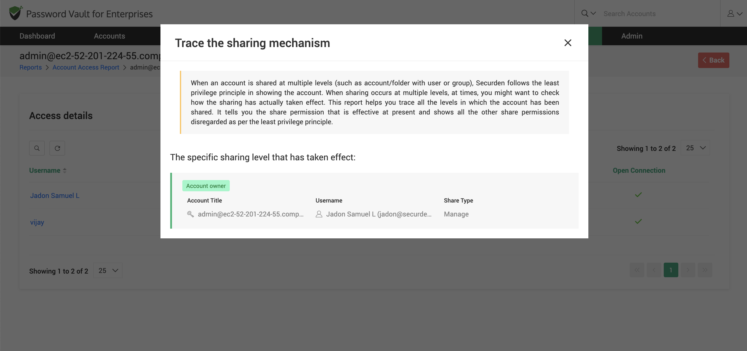 Trace sharing mechanism window showing how user access is granted through direct sharing, groups, or folders with effective permissions.