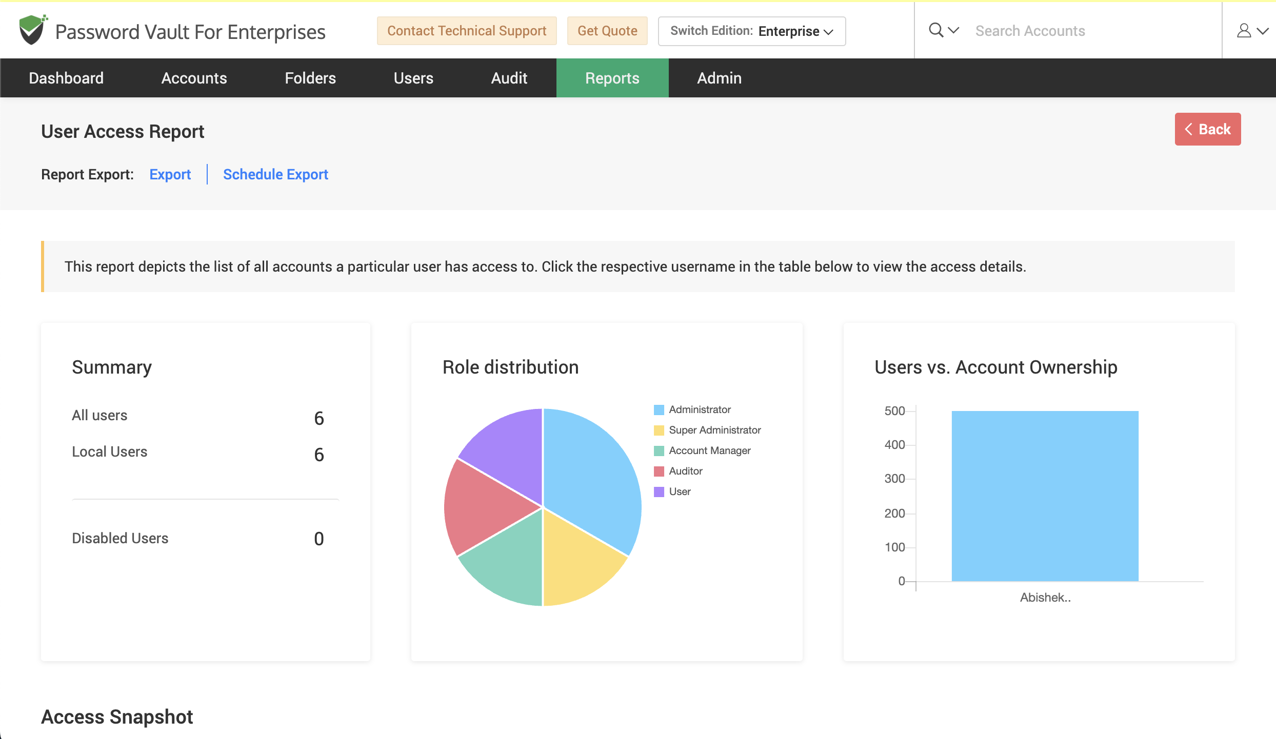 User Access Report overview showing summary metrics, role distribution chart, and users vs account ownership graph in Password Vault for Enterprises.